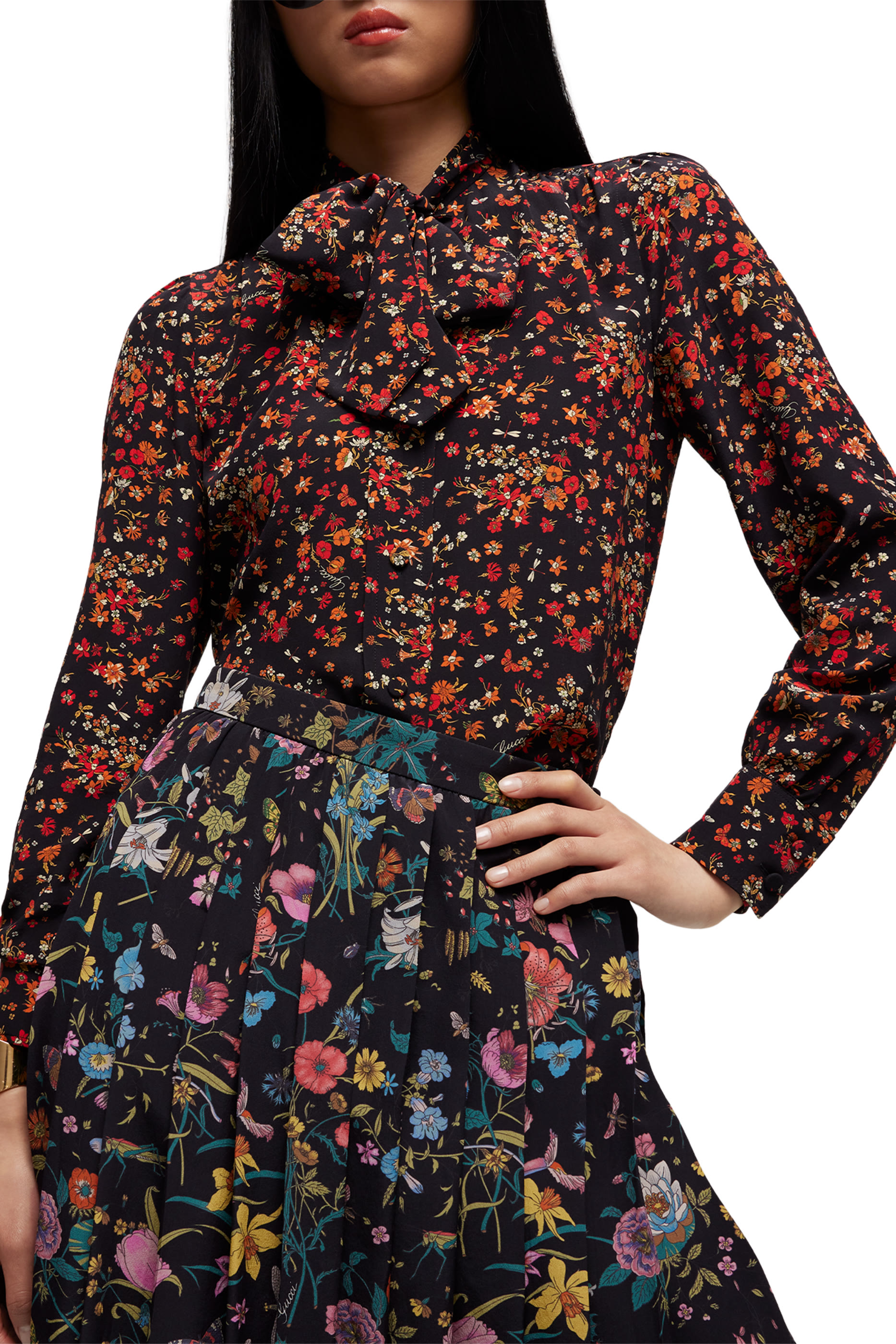 Floral-Print Self-Tie Bow Shirt