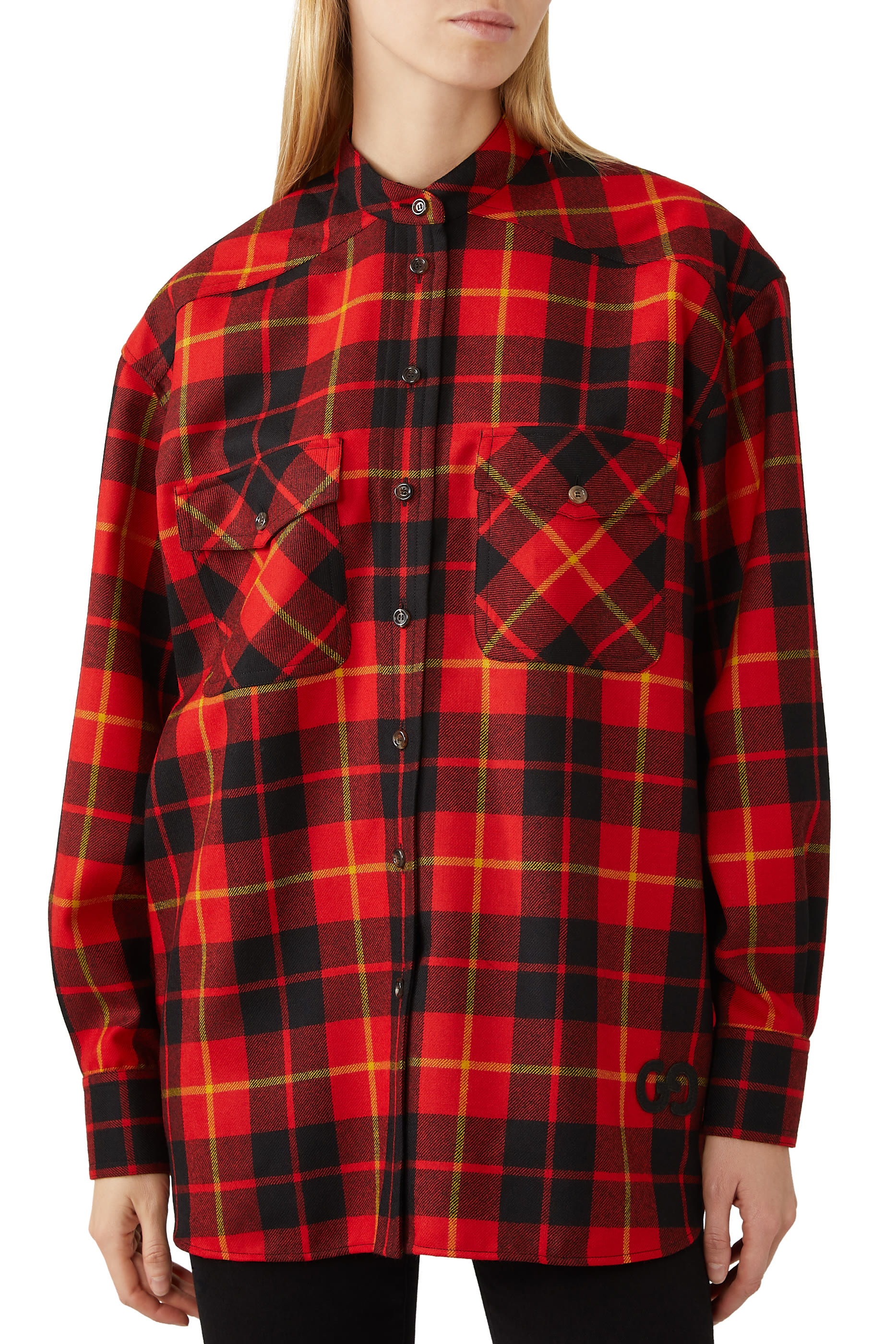 Tartan Wool Shirt with Embroidered Collar