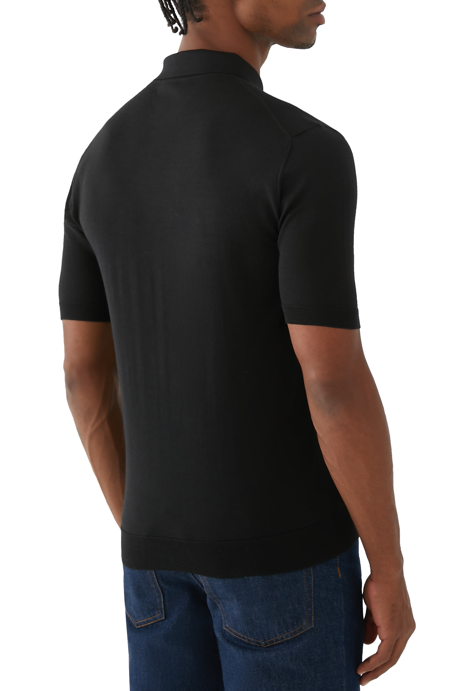 Fine Wool Knit Polo Top with Intarsia