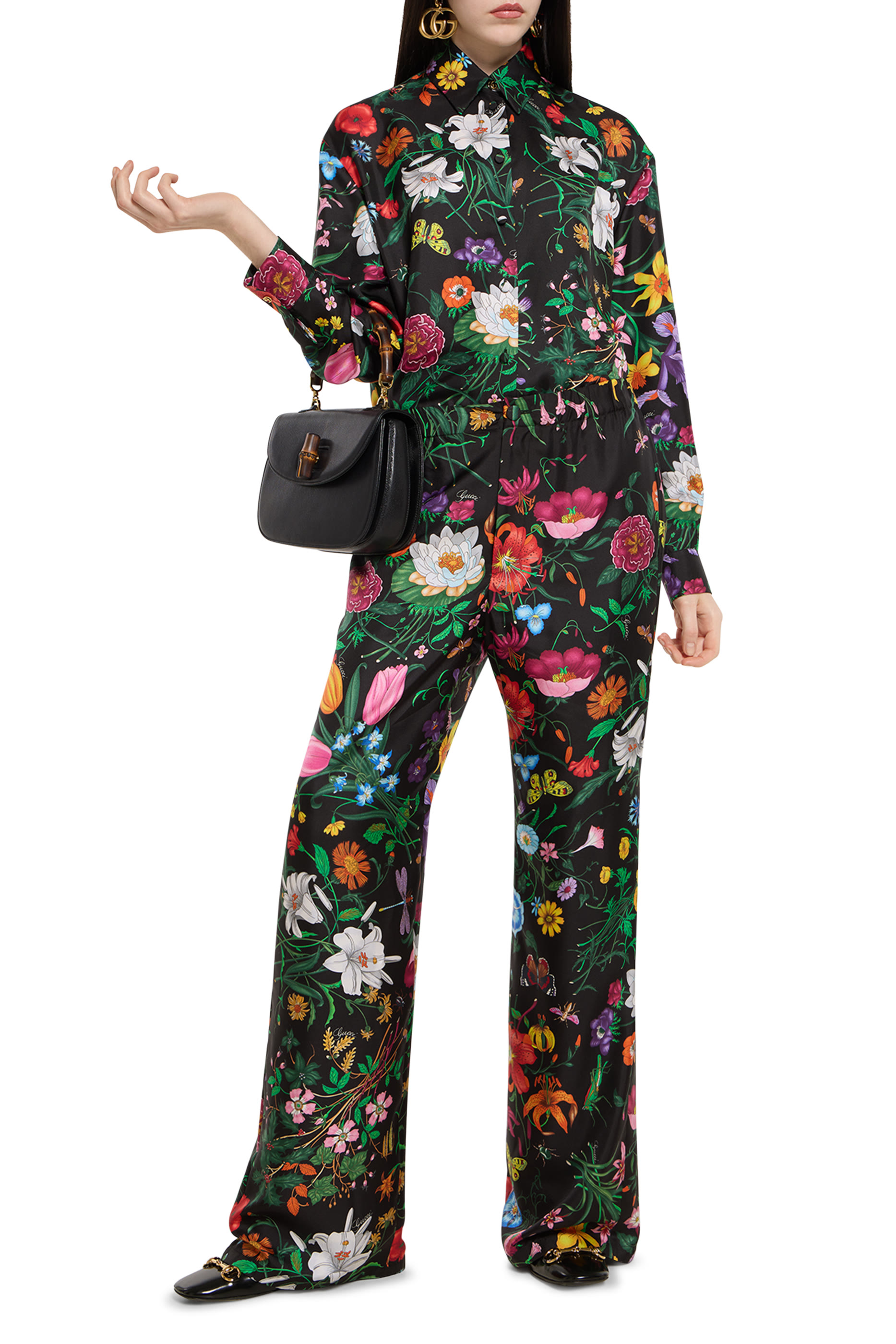 All-Over Flora Print Silk Twill Shirt