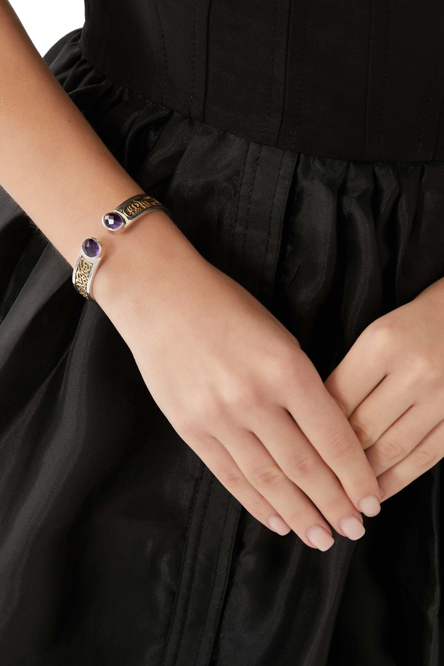 Calligraphy Bangle, 18k Yellow Gold & Sterling SIlver with Amethyst