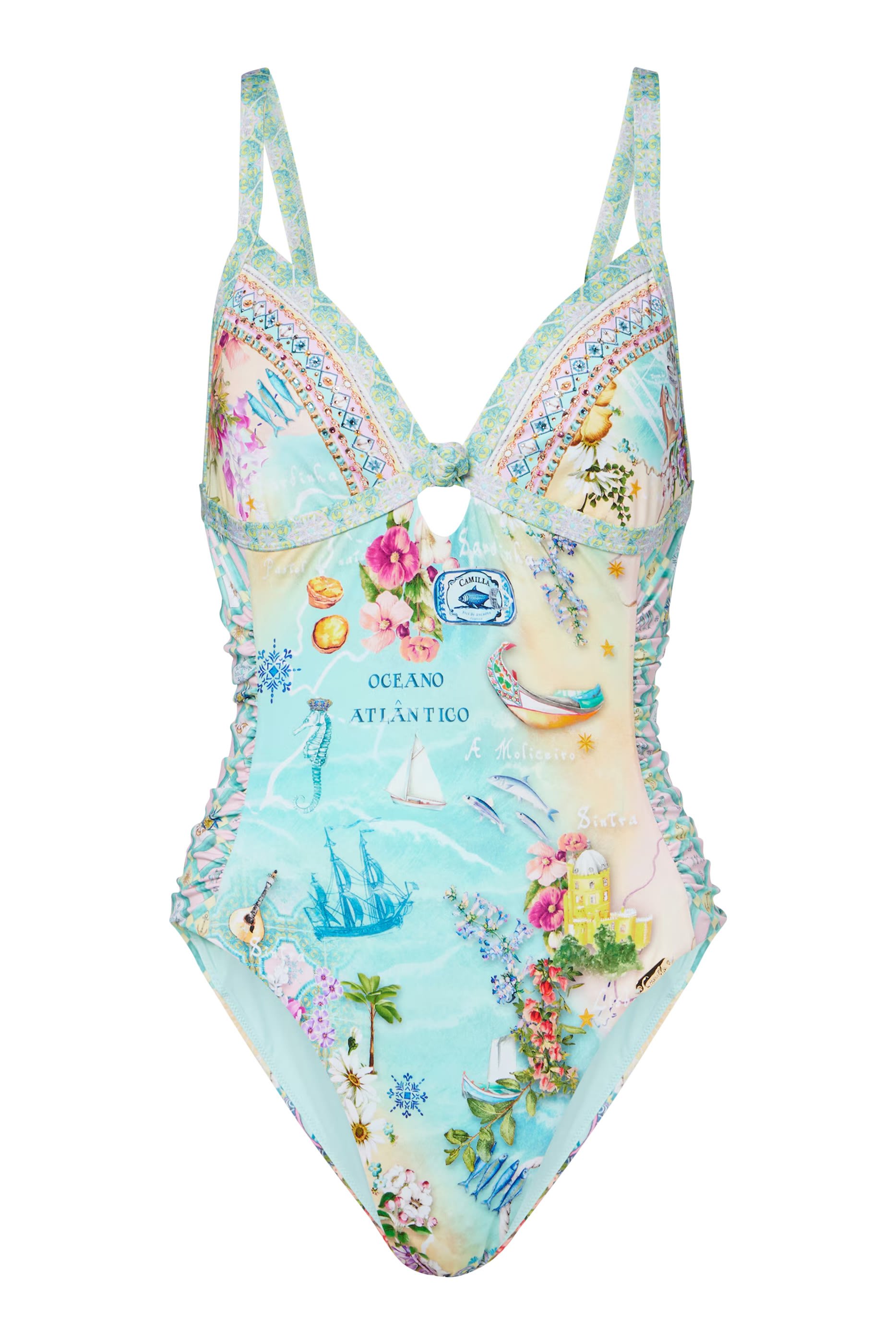 Ruched Panelled Triangle One-Piece with Knot Front