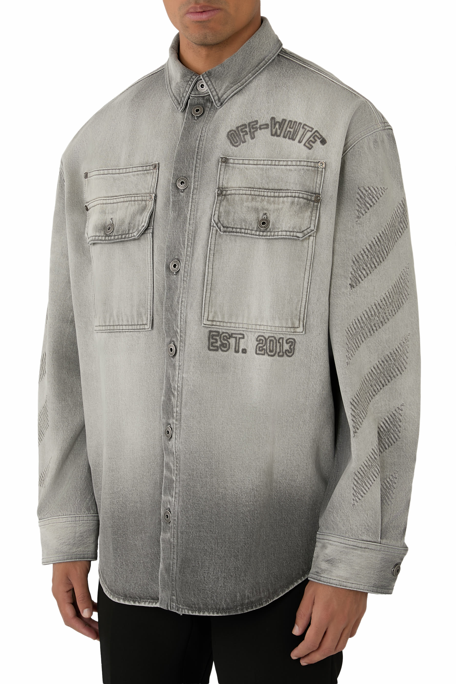 Diagonal Embroidered Denim Military Overshirt