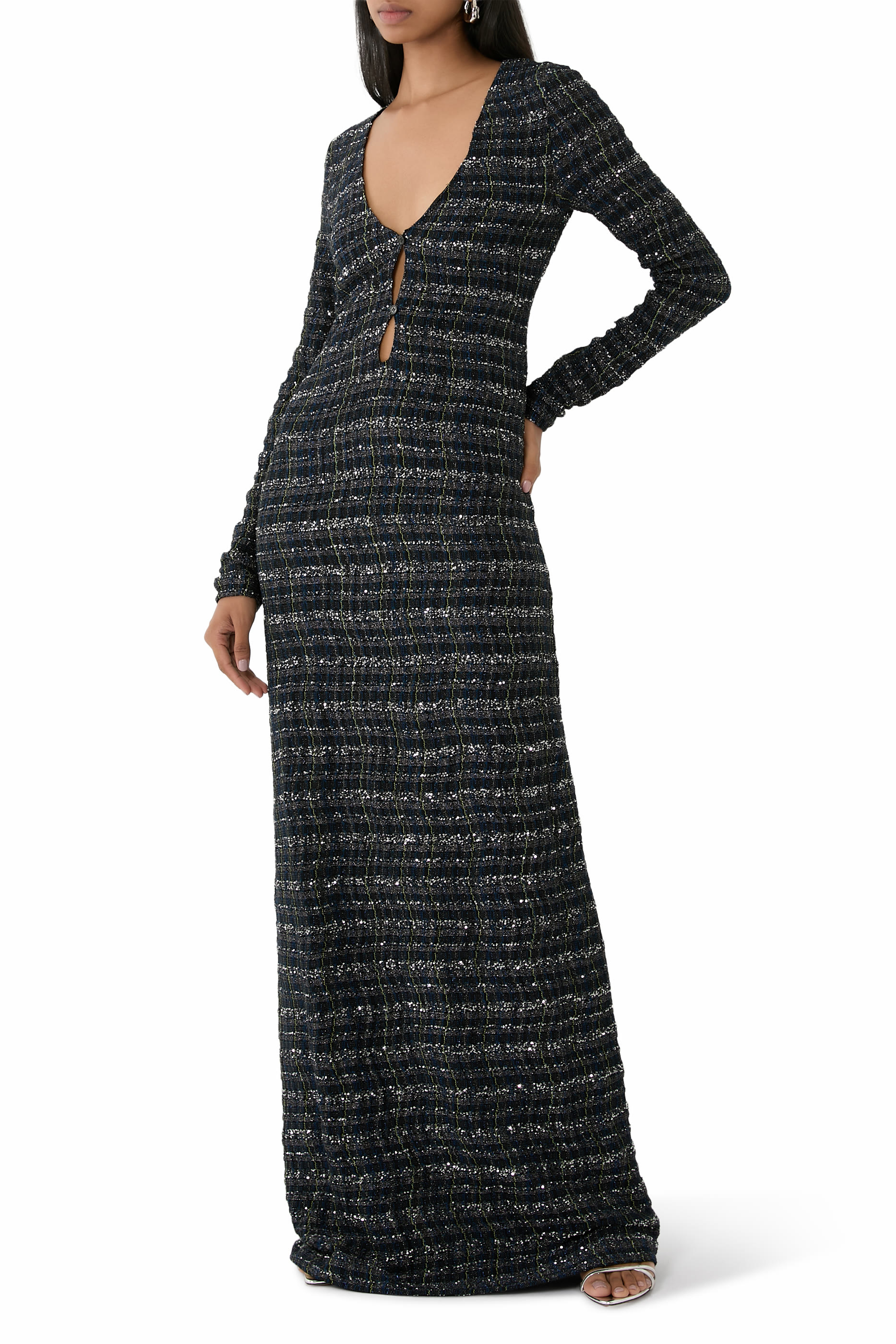 Caperdoni Wavy Checkered Sequinned Maxi Dress