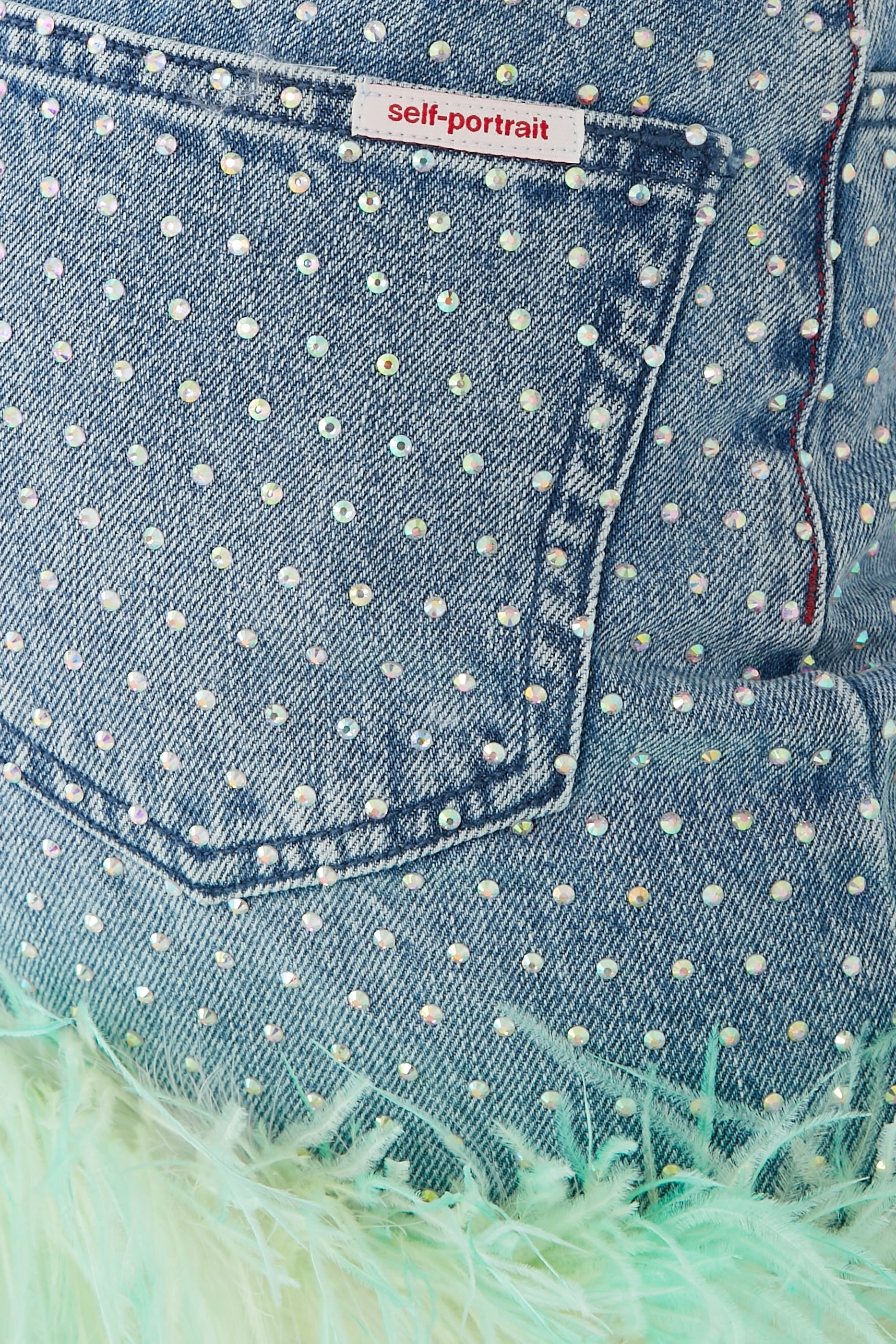 Blue Rhinestone Feather Denim Skirt