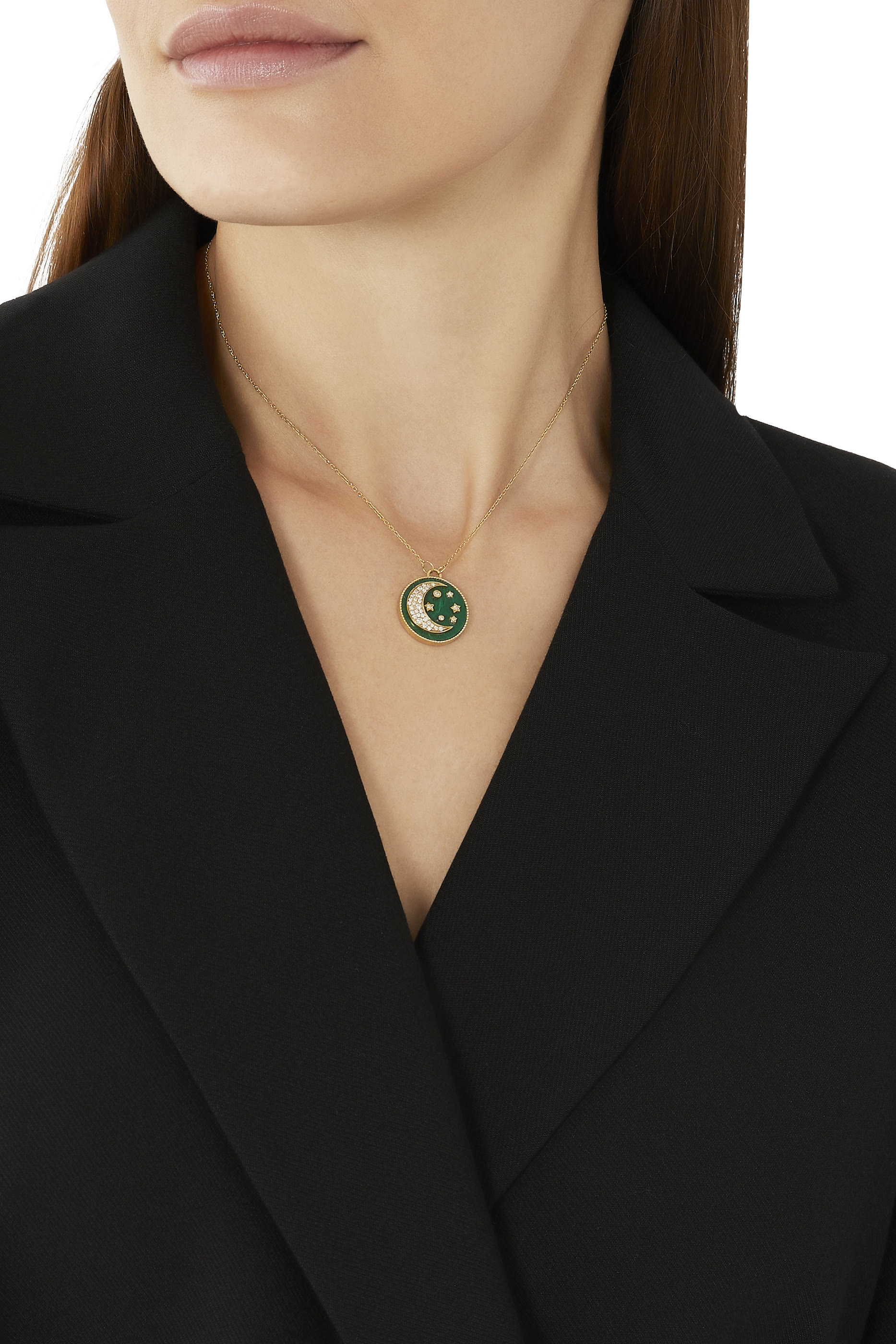 Moon Pendant Necklace, 18k Yellow Gold, Diamond & Malachite