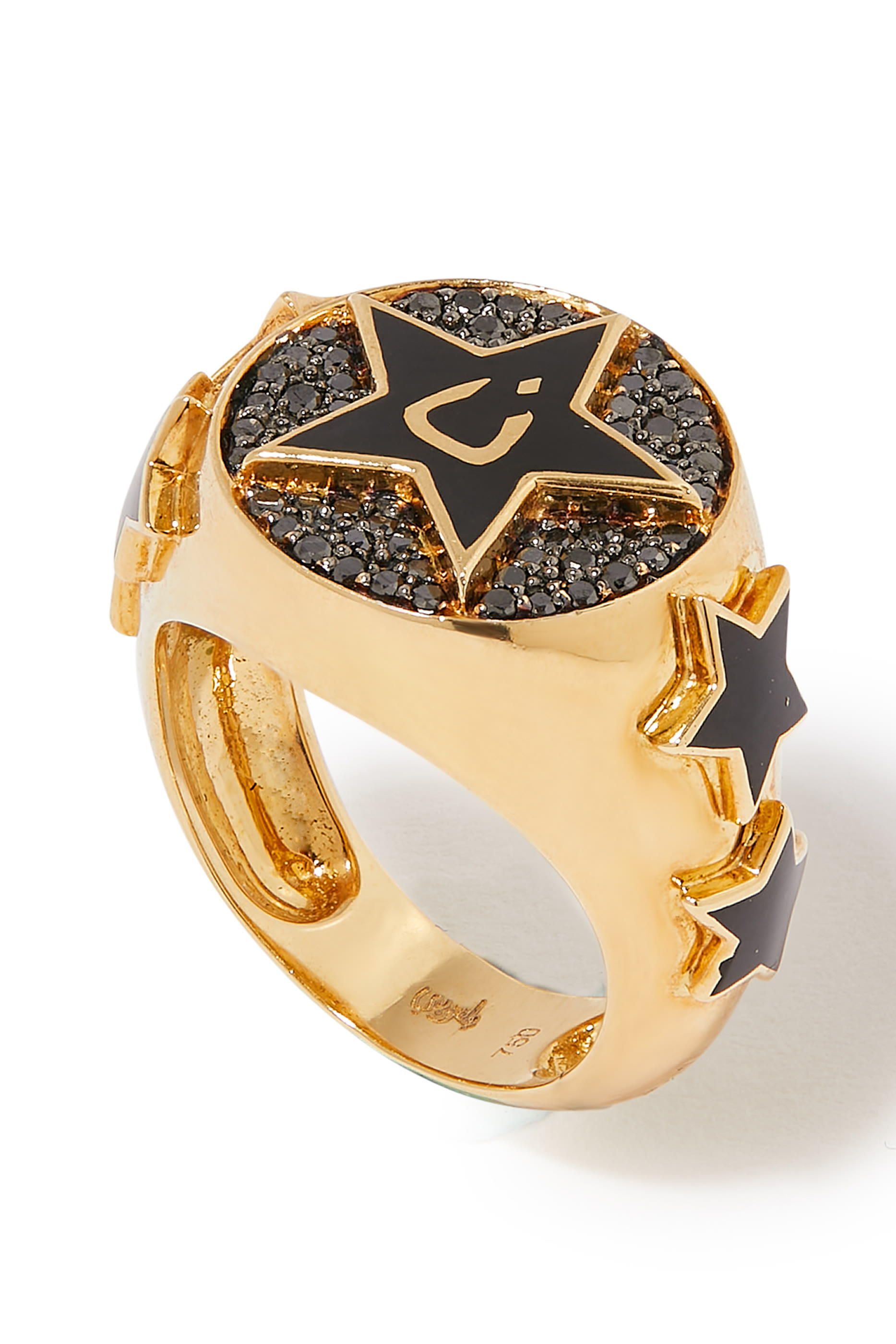 Nujum Letter N Star Signet Ring, 18k Yellow Gold & Black Diamonds