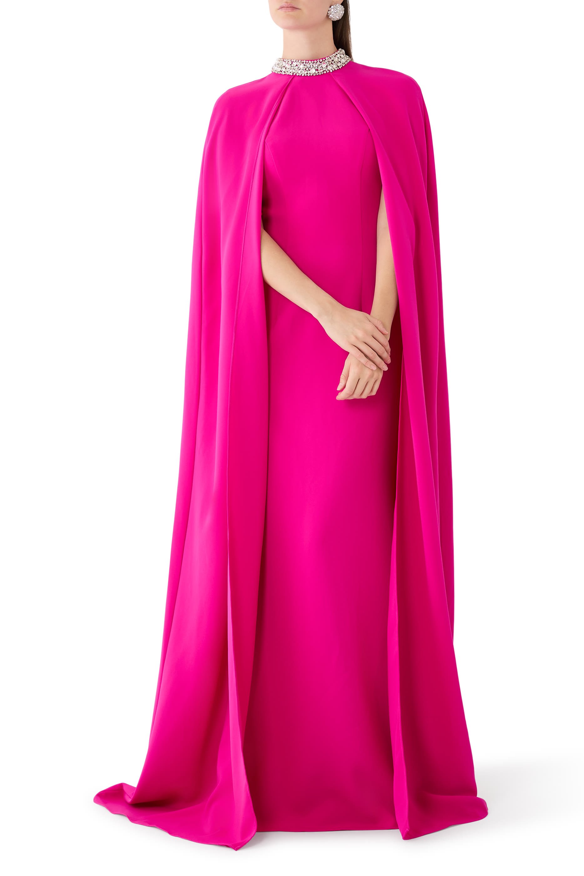 Embellished Collar High-Neck Cape Gown