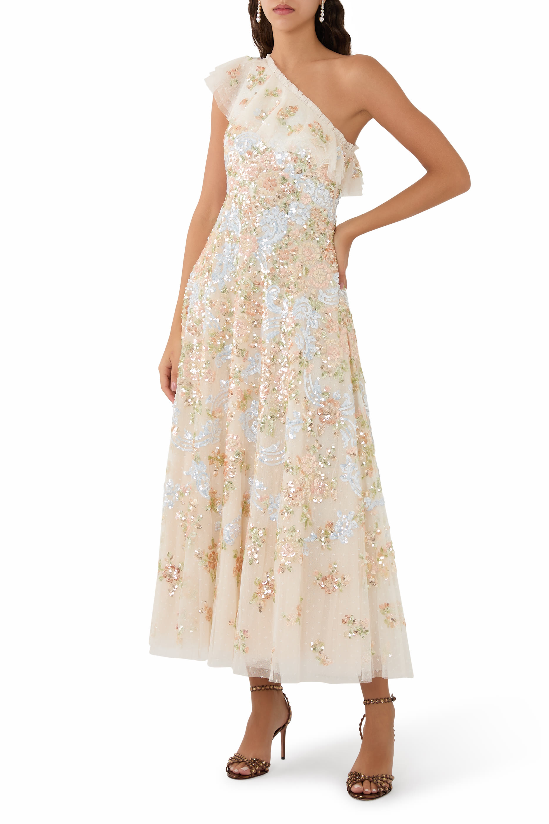 Baroque Floral One-Shoulder Ankle Gown