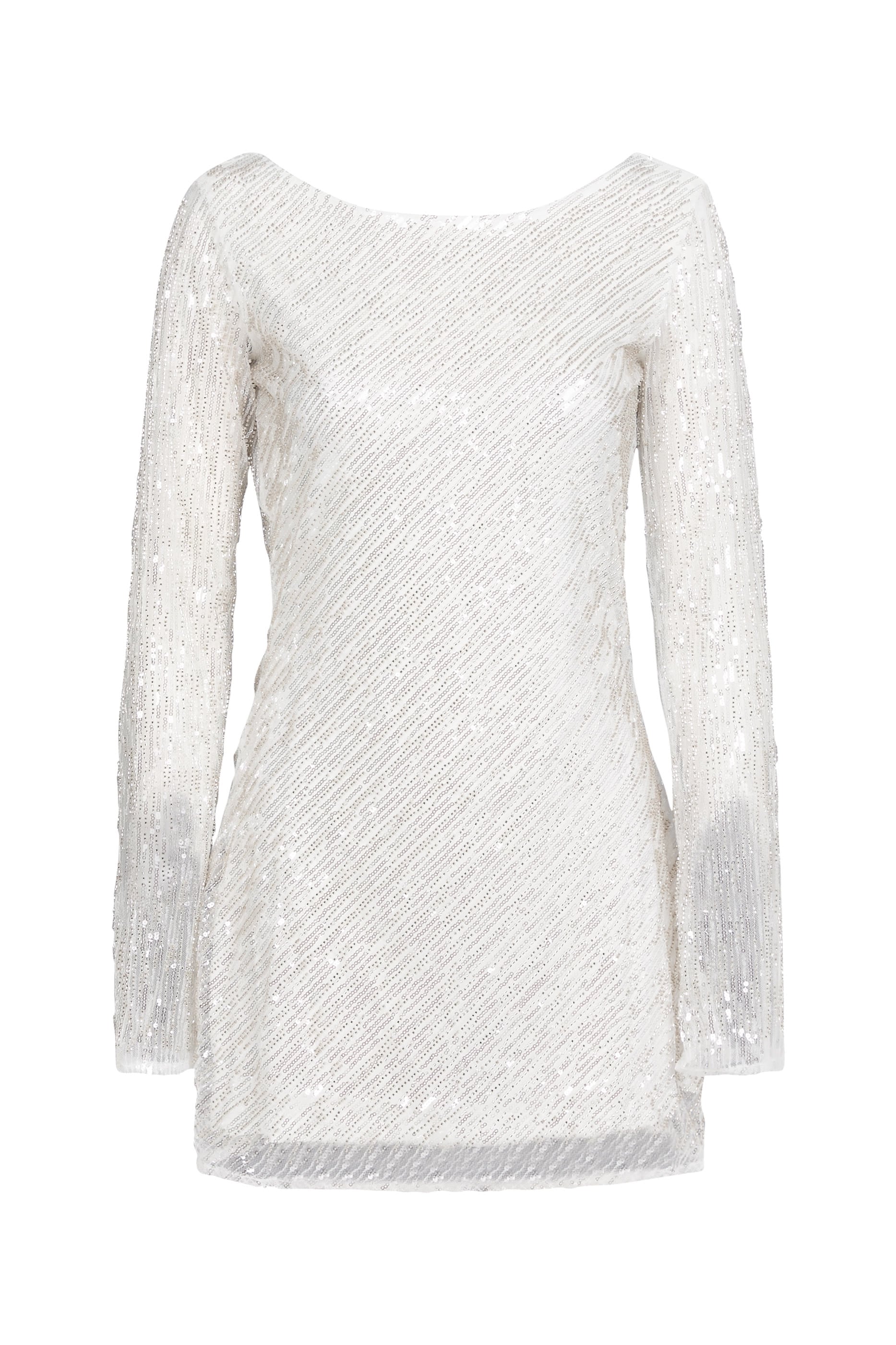Diagonal Sequin Open-Back Long Sleeves Mini Dress