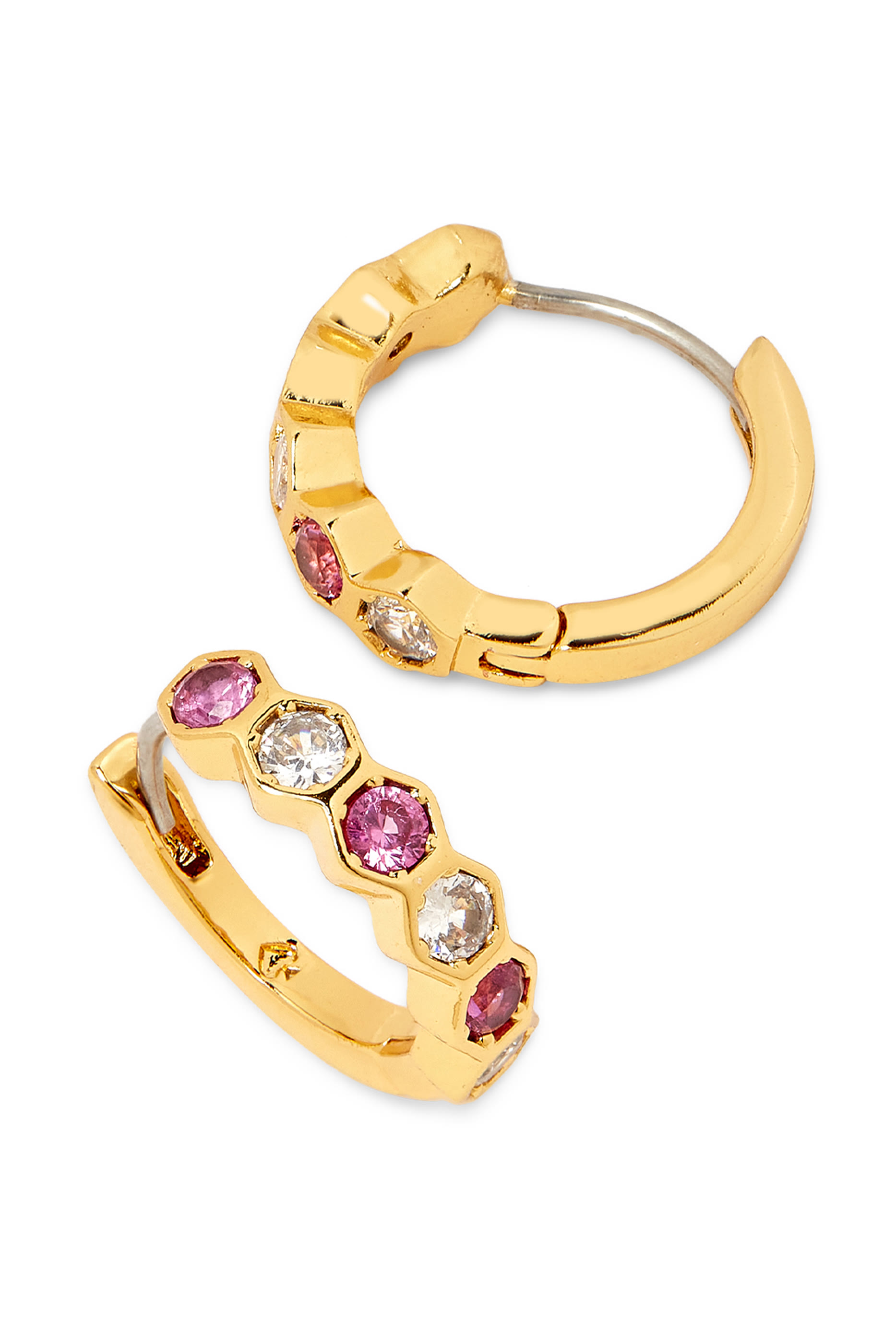 On the Ball Hexagon Huggies, Plated Metal, Surgical Steel Posts & Cubic Zirconia