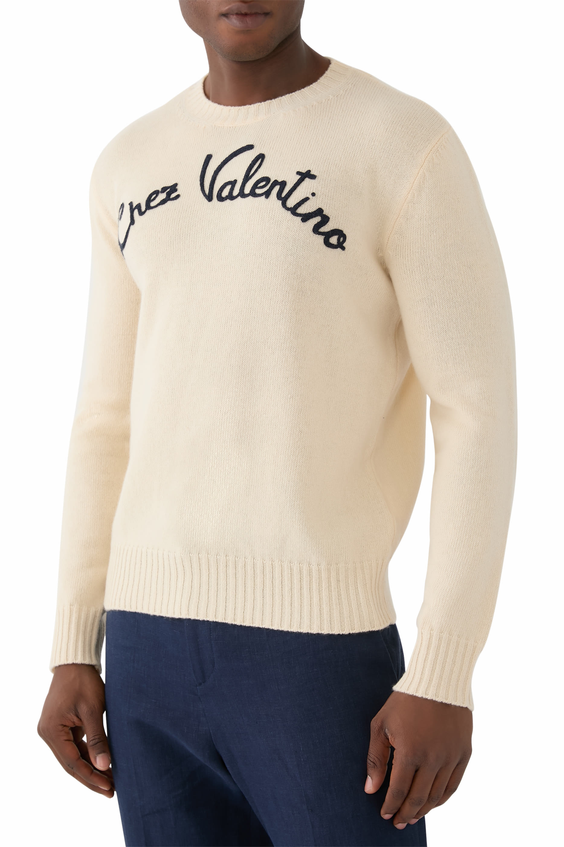 Wool Crewneck Sweater with Chez Valentino Embroidery