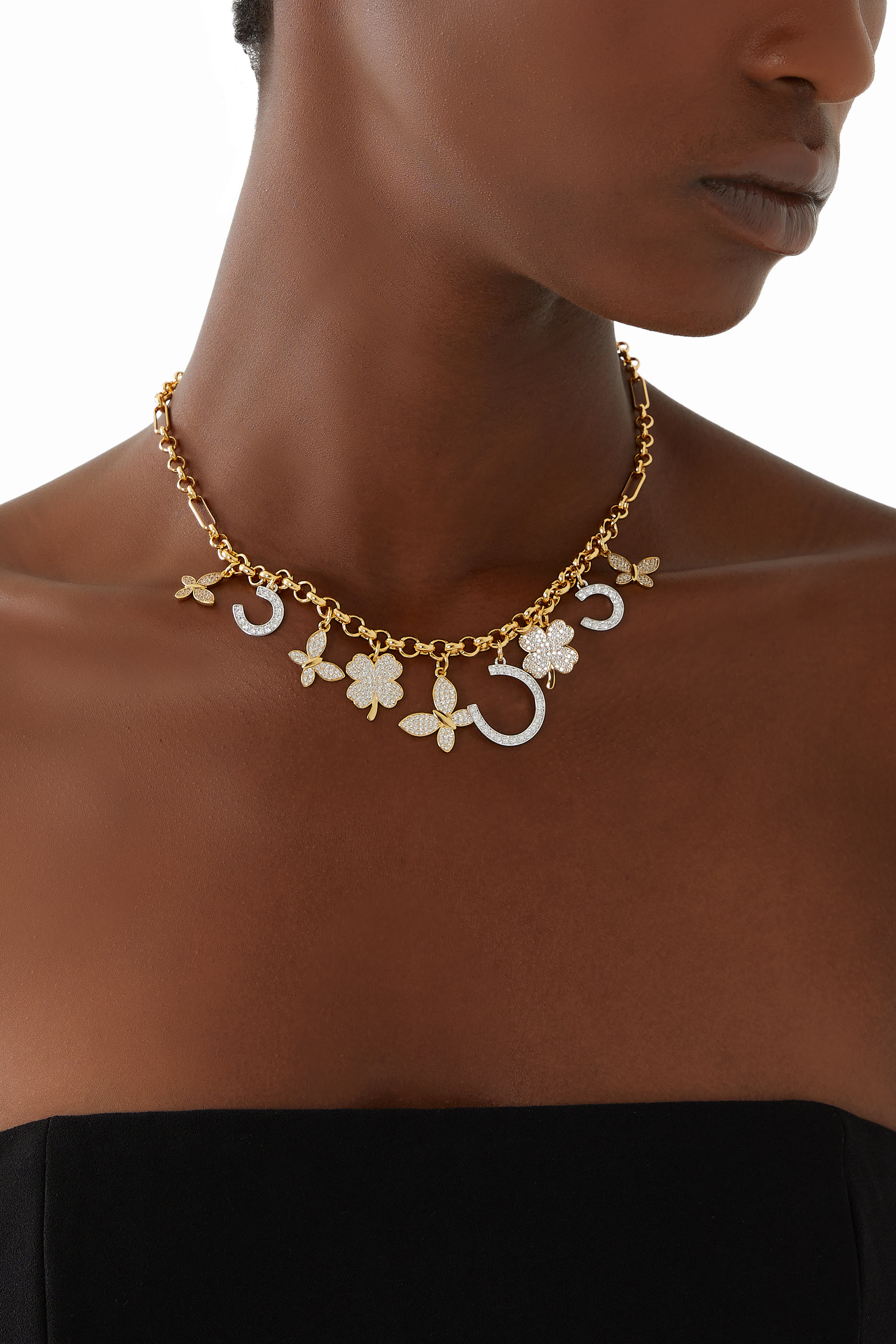 Lucky Charm Statement Necklace, Metal & Cubic Zirconia