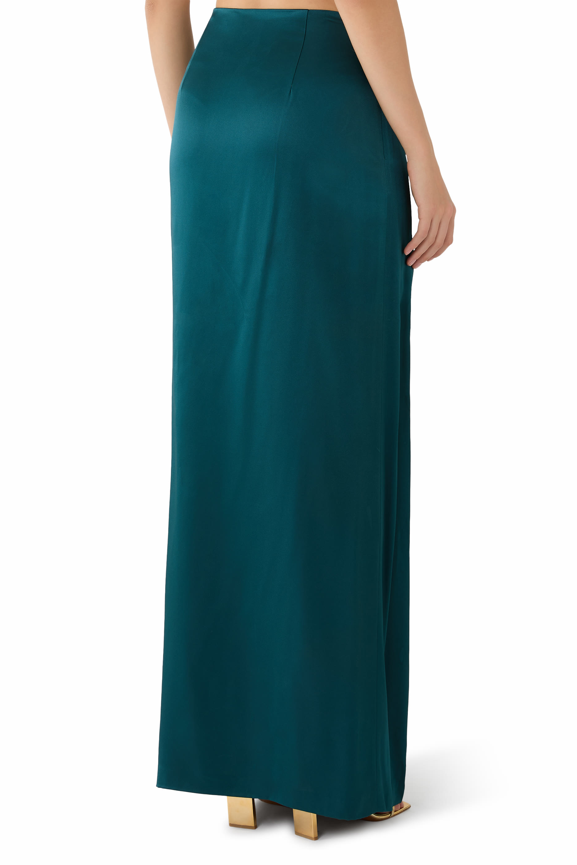 Satin High Waist Slit Maxi Skirt With Feathers 