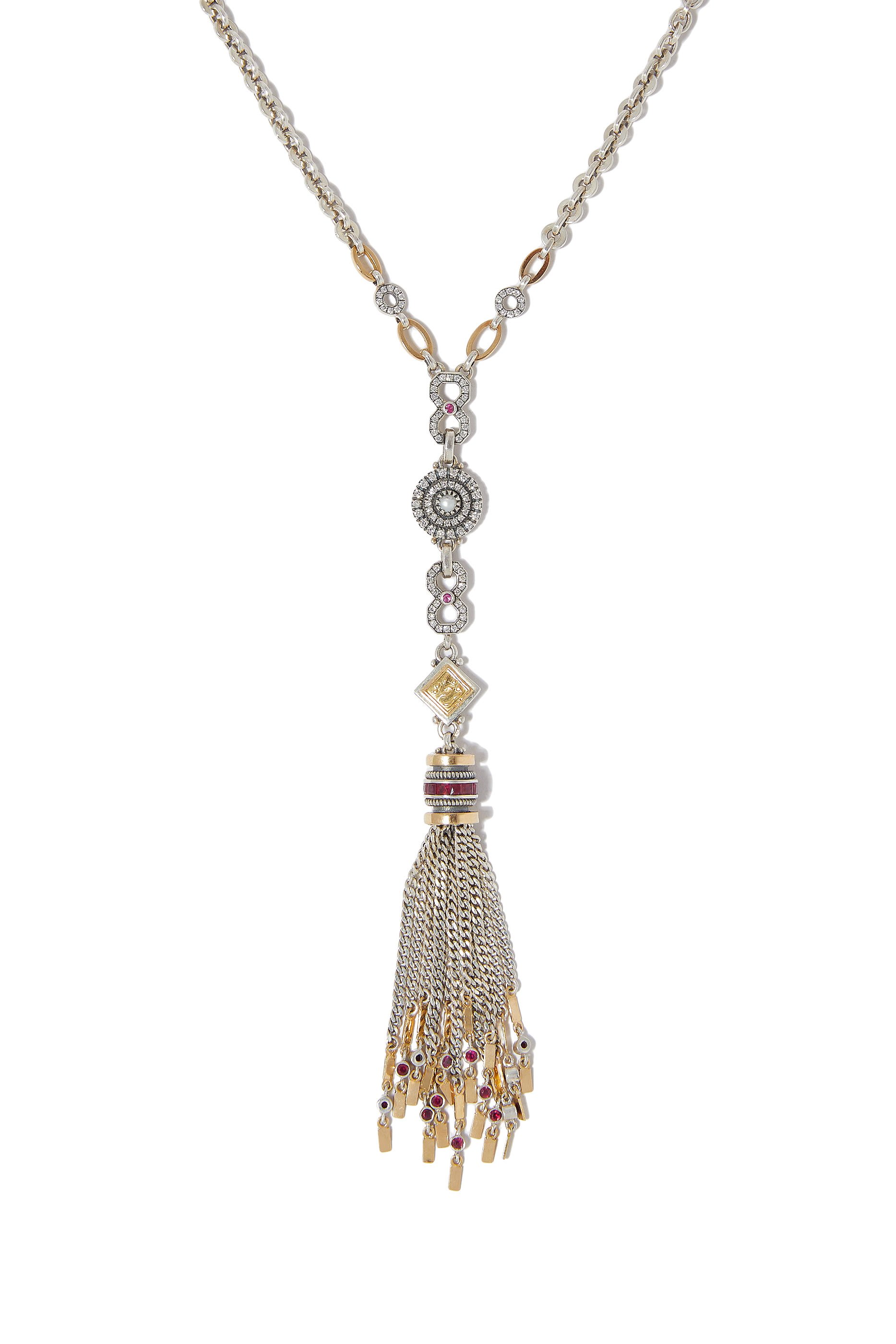 Turath Pendant Chain Necklace, Sterling Silver, 18K Yellow Gold, Diamonds, Ruby & Pearl