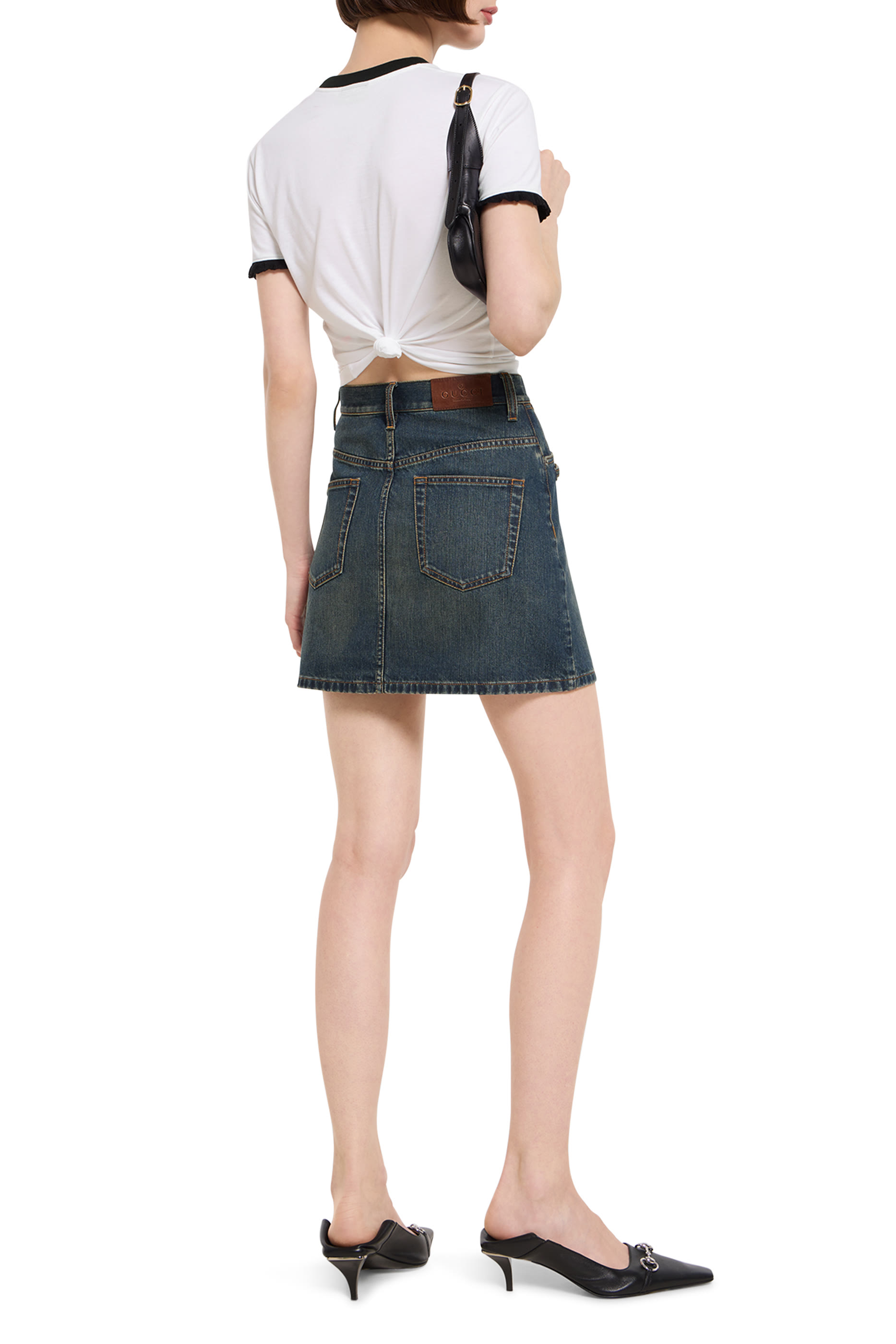 Cotton Denim Skirt with Horsebit
