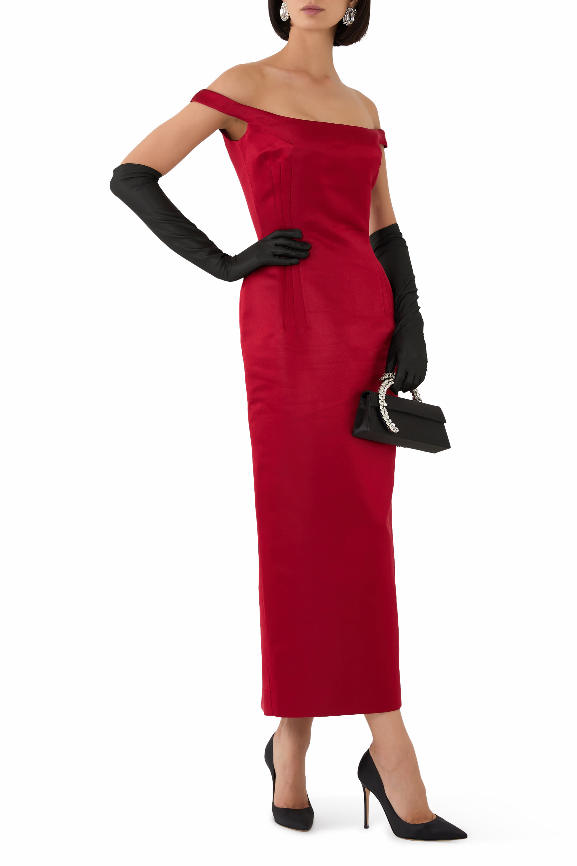 Off-Shoulder Hip Pad Midi Dress