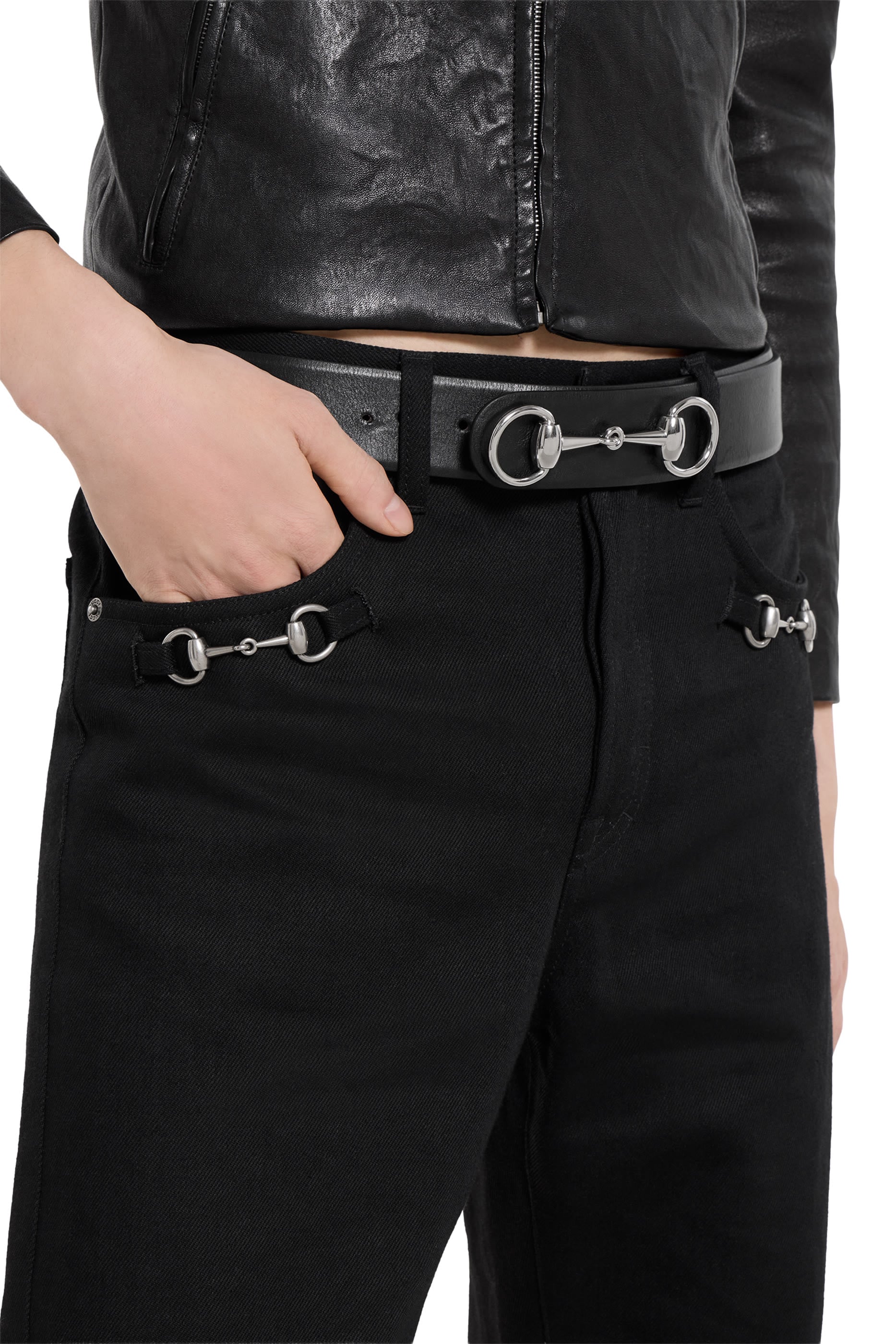 Cotton Denim Pants with Horsebit Detail 