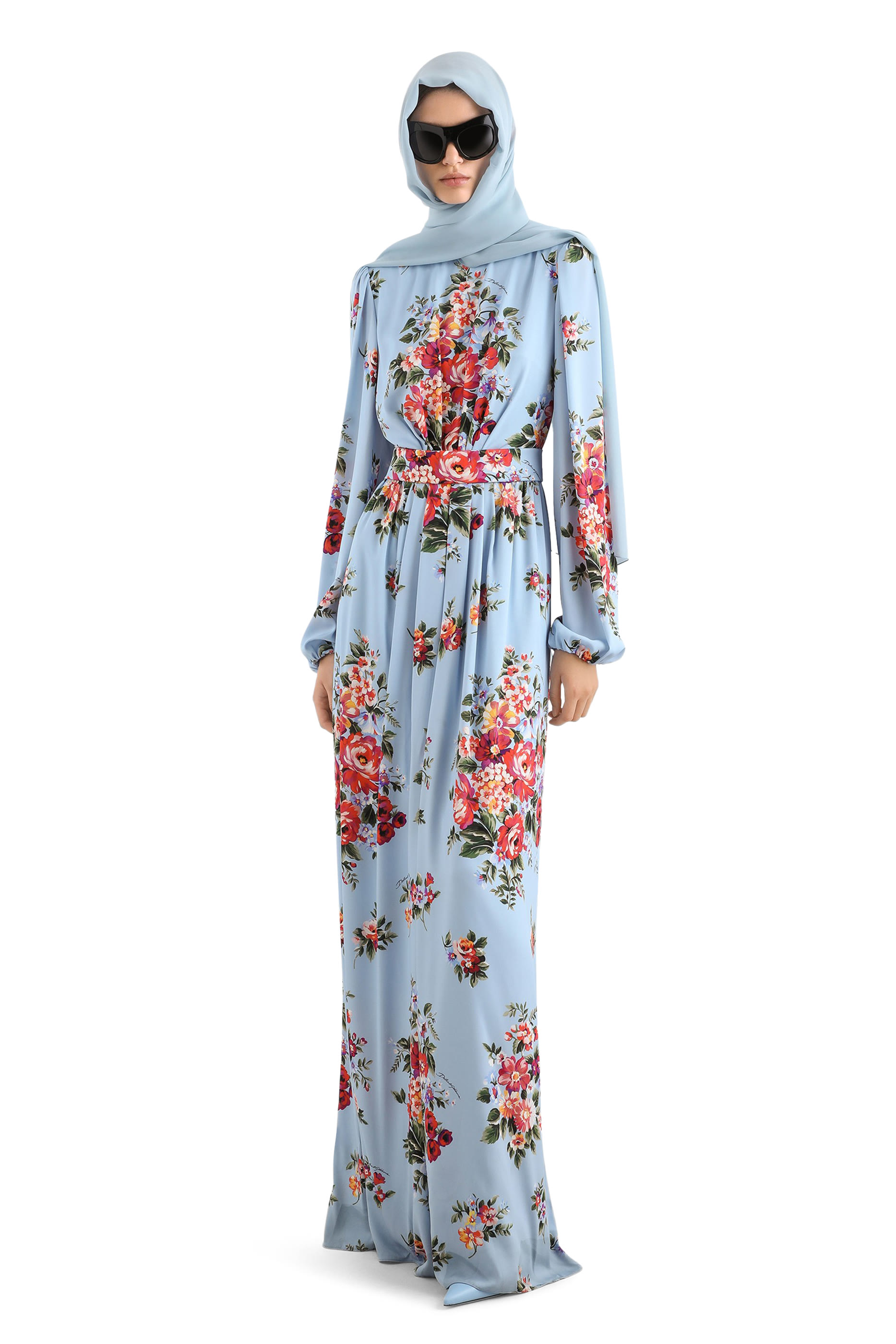 Flower Bouquet-Print Charmeuse Dress