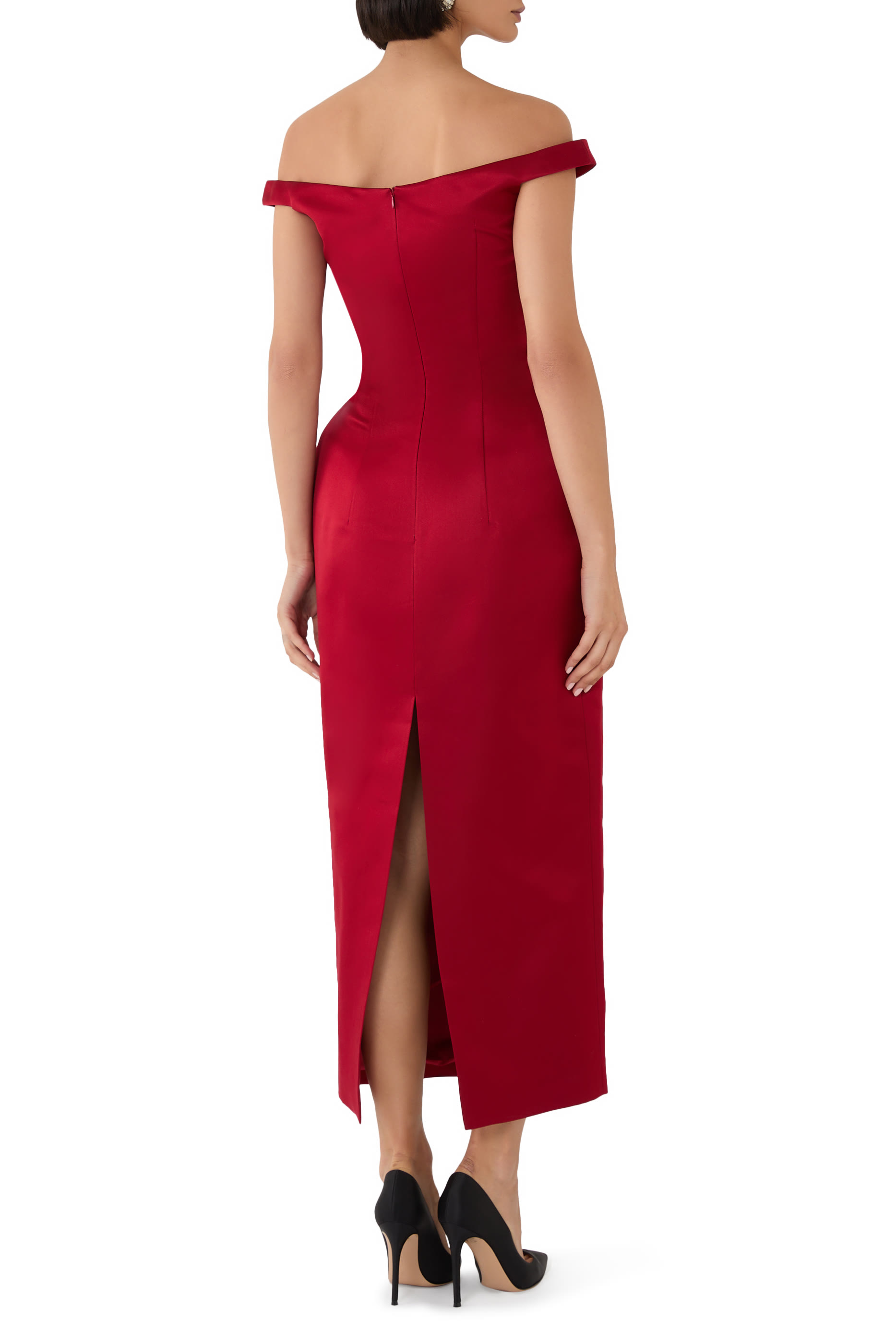 Off-Shoulder Hip Pad Midi Dress