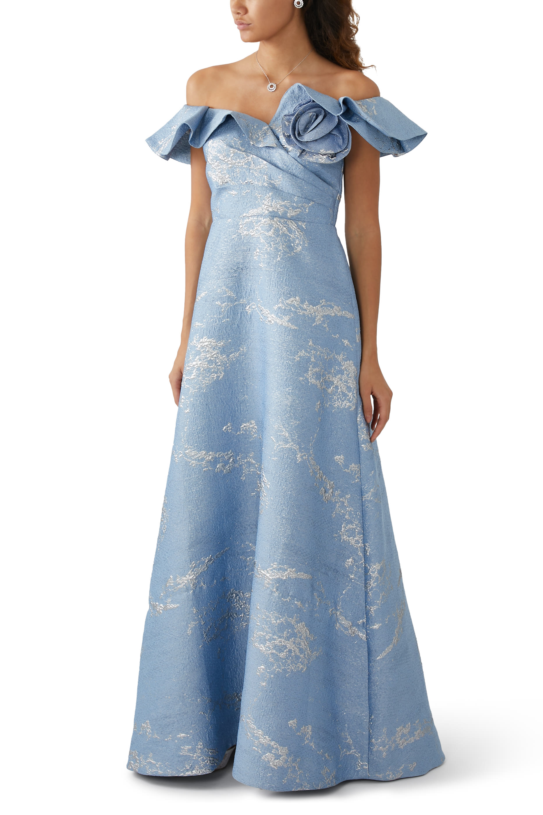 Off Shoulder Jacquard Ruffle Gown with Flower Applique
