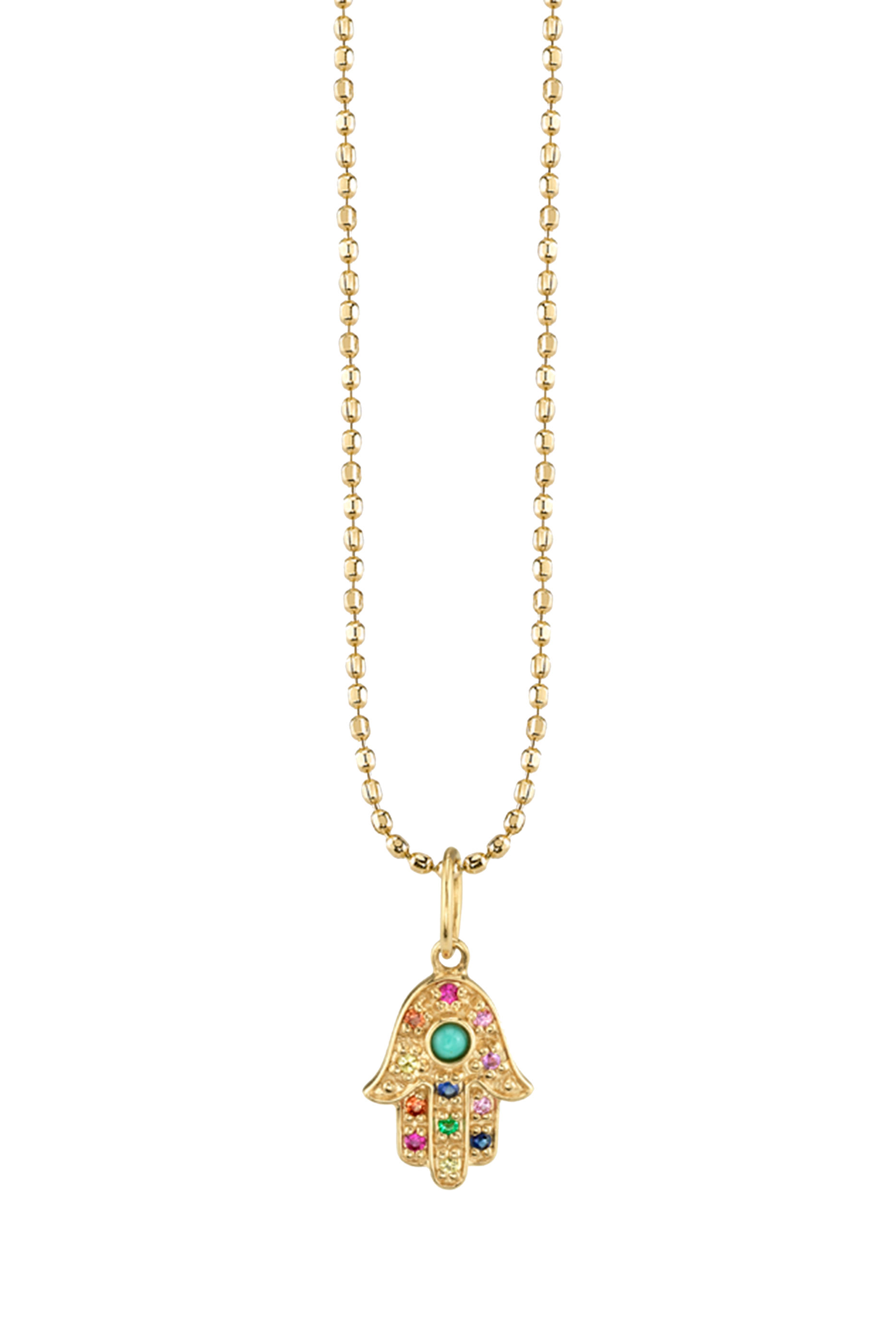 Kids Hamsa Necklace, 14k Yellow Gold, Sapphires & Turquoise