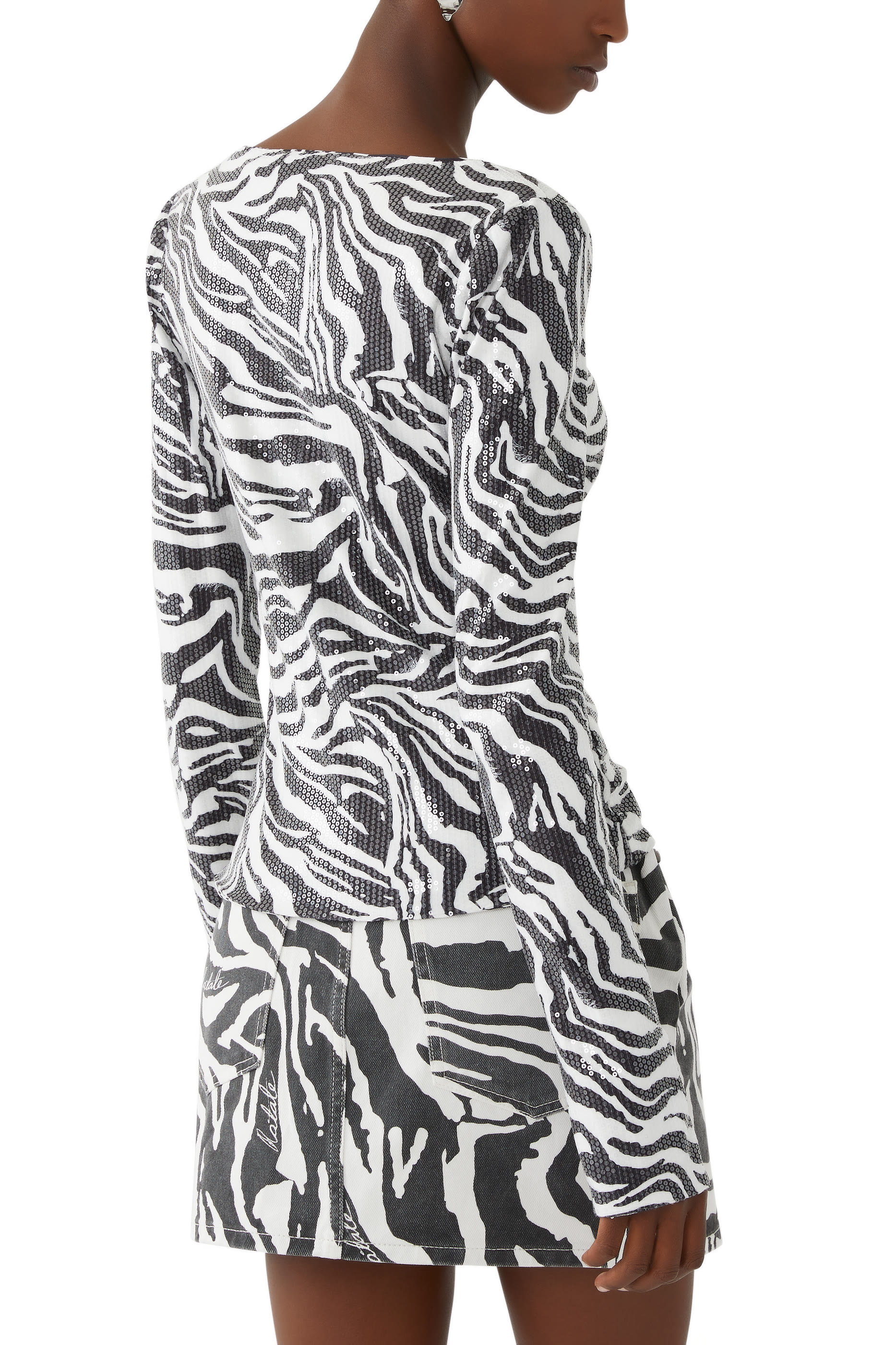 Zebra-Print Sequins Long Sleeves T-Shirt