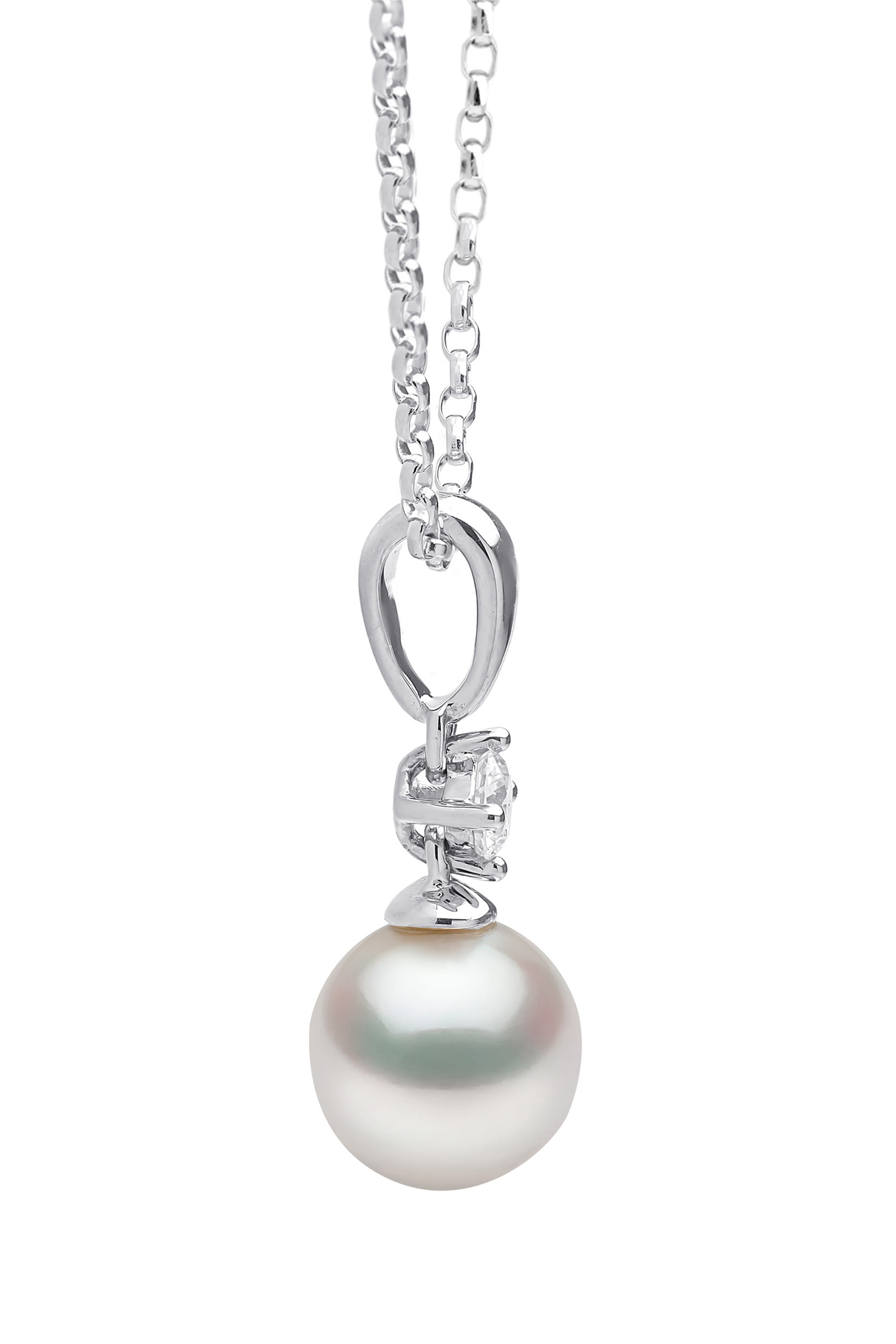 Classic Pendant Necklace, 18k White Gold, Diamond & 7mm Pearl
