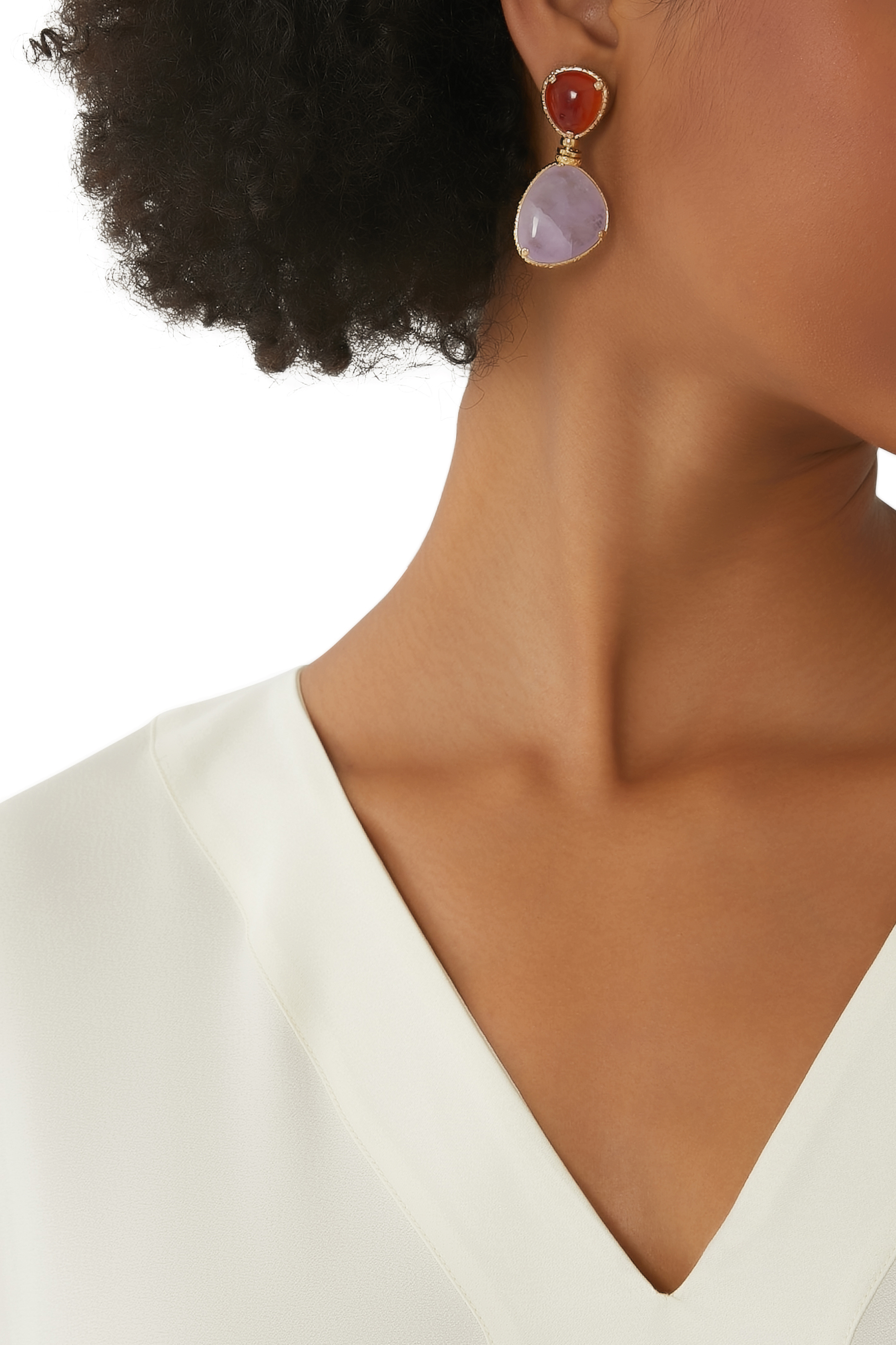 Silia Earrings, 24k Gold-Plated Brass with Yellow Hematoide & Amethyst