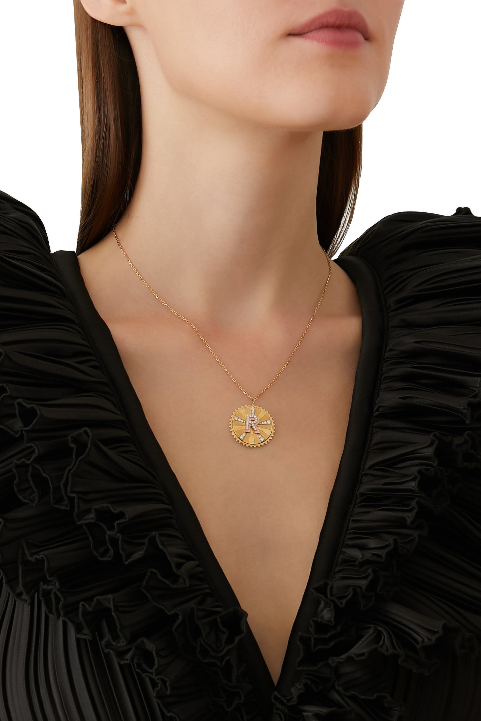 Letter R Coin Necklace, 18K Gold & Diamond