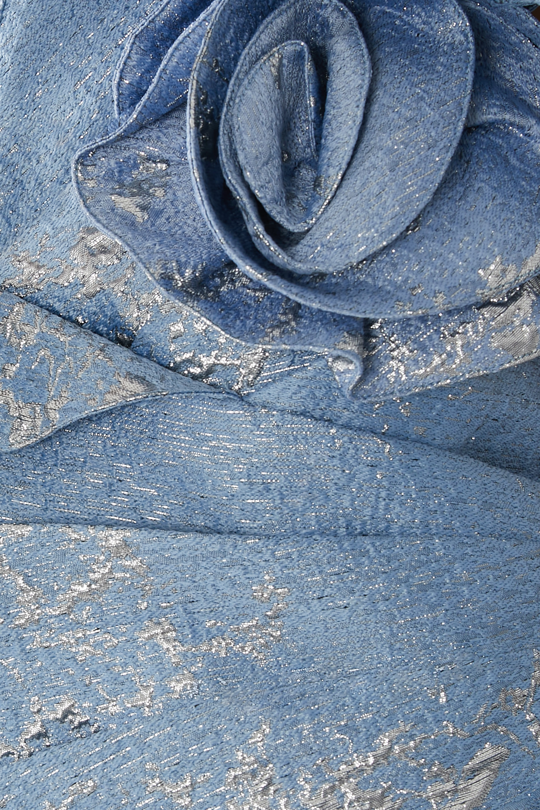 Off Shoulder Jacquard Ruffle Gown with Flower Applique