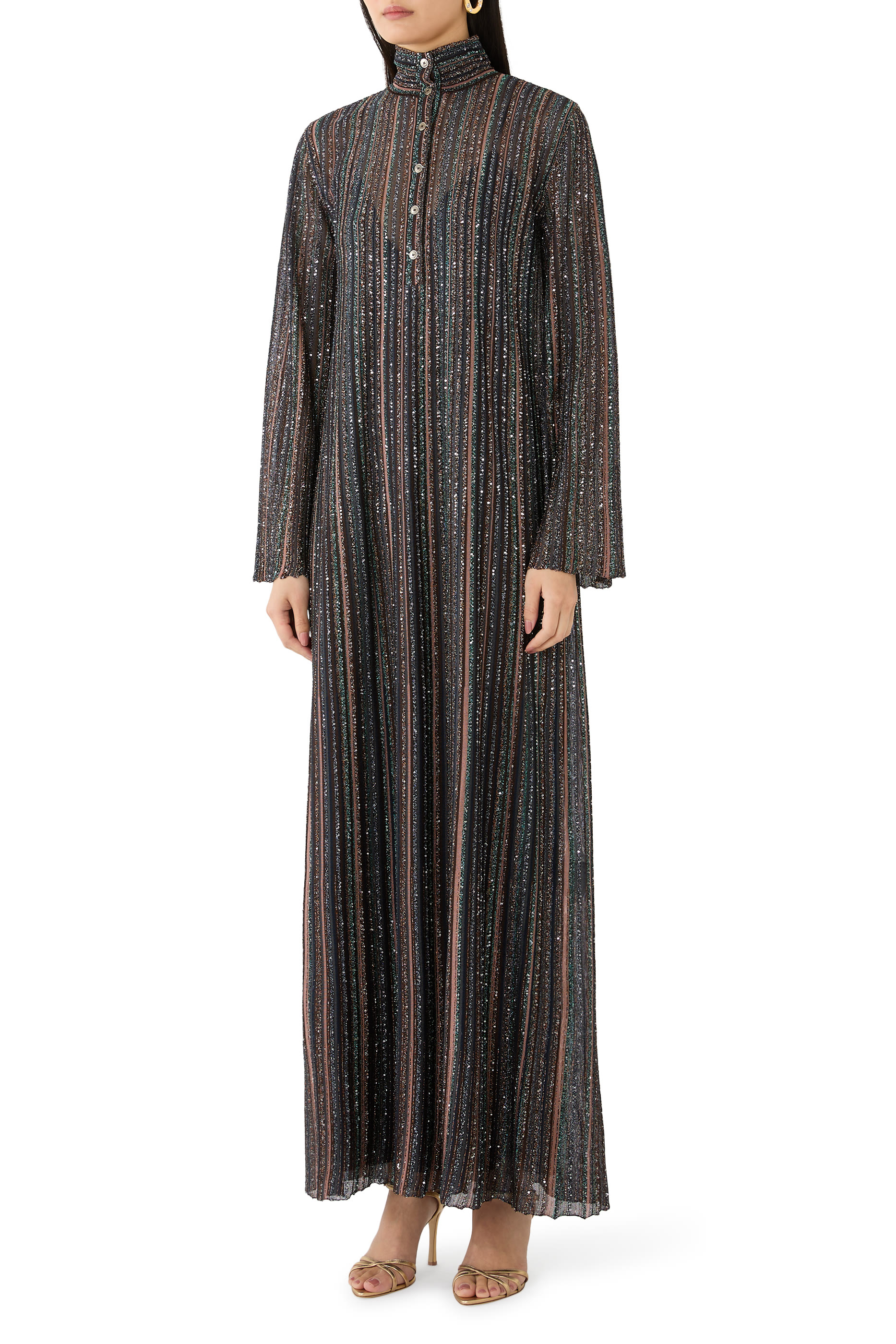 Ribbed Viscose Lam&eacute; Kaftan With Wide Sleeves