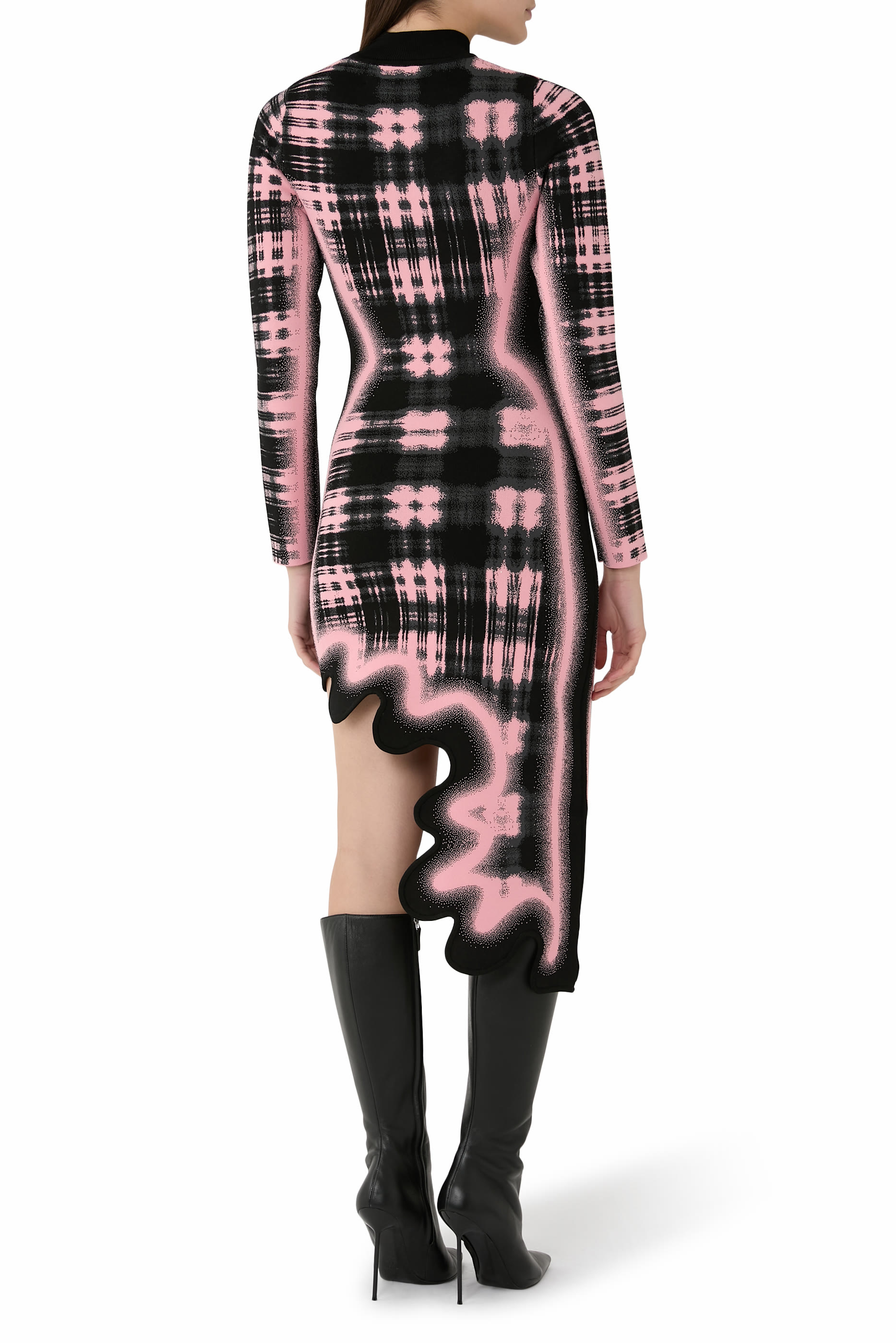 Dobby Long Sleeve Wavy Plaid Dress