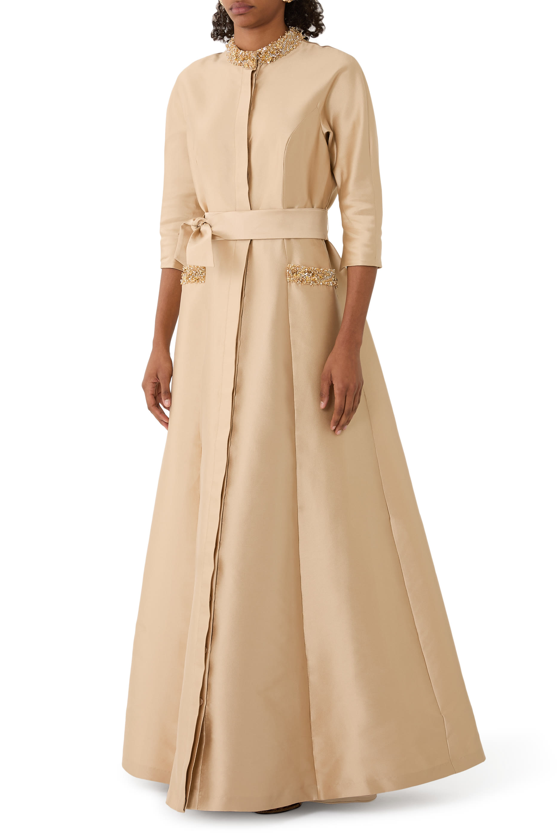 Mikado Bead Collar and Pocket Shirt Waist Gown