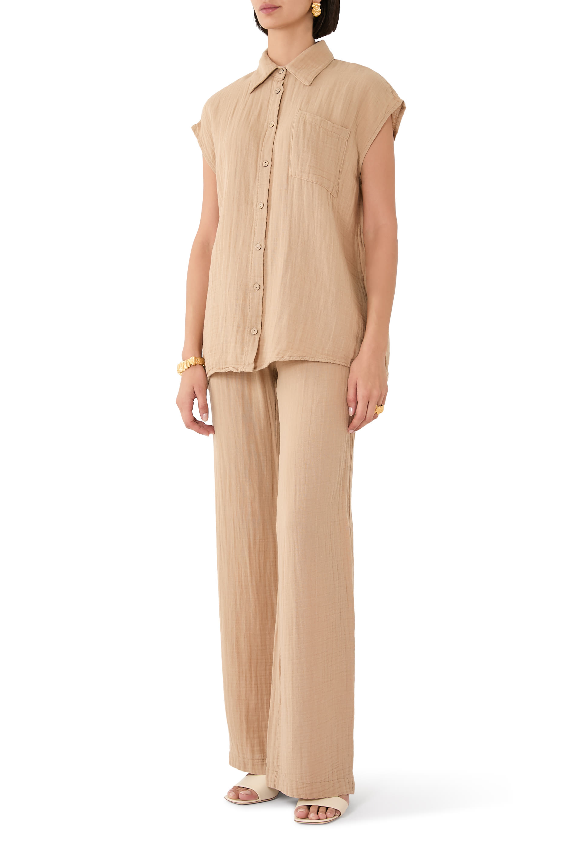 Collared Crinkled Shirt with Matching Bra and Pant Set