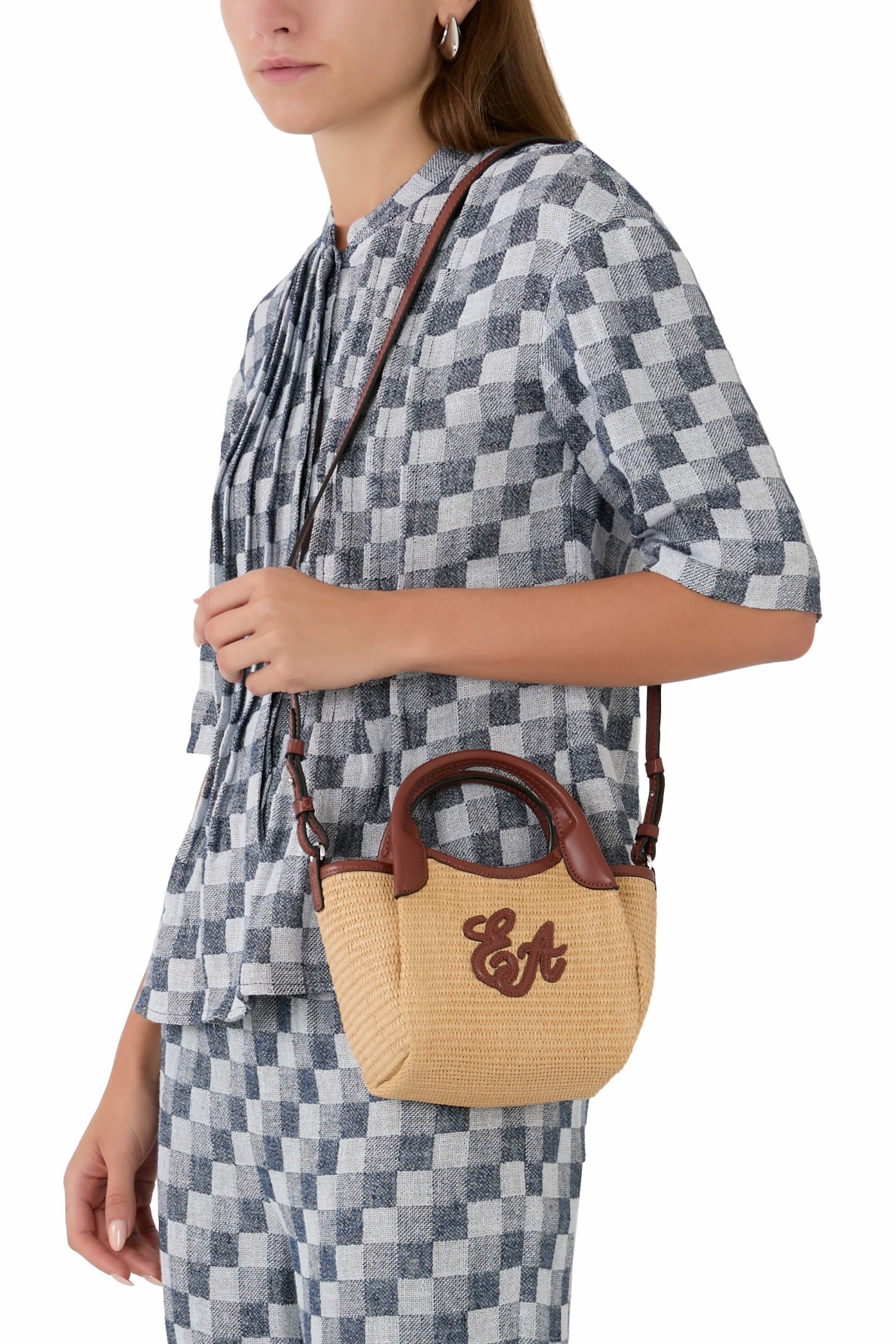 EA Logo Woven Straw Small Shopper Bag