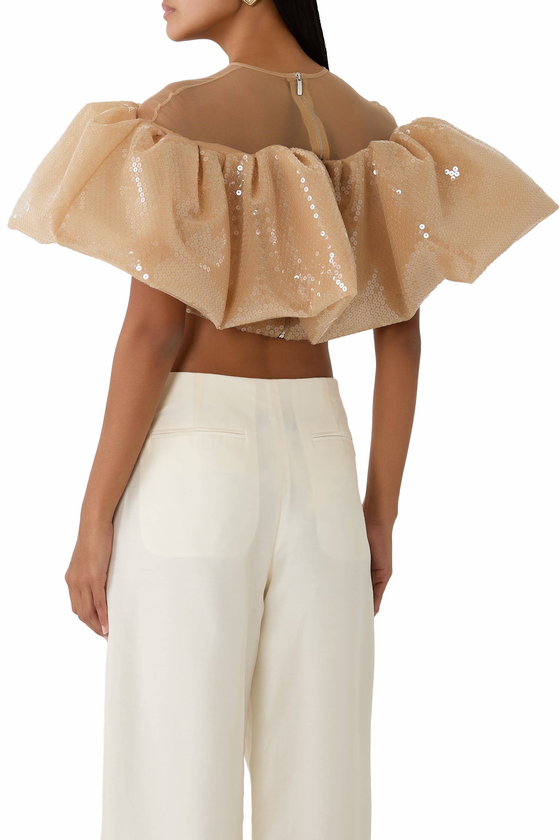 Off-Shoulder Cropped Sequin Puff Top