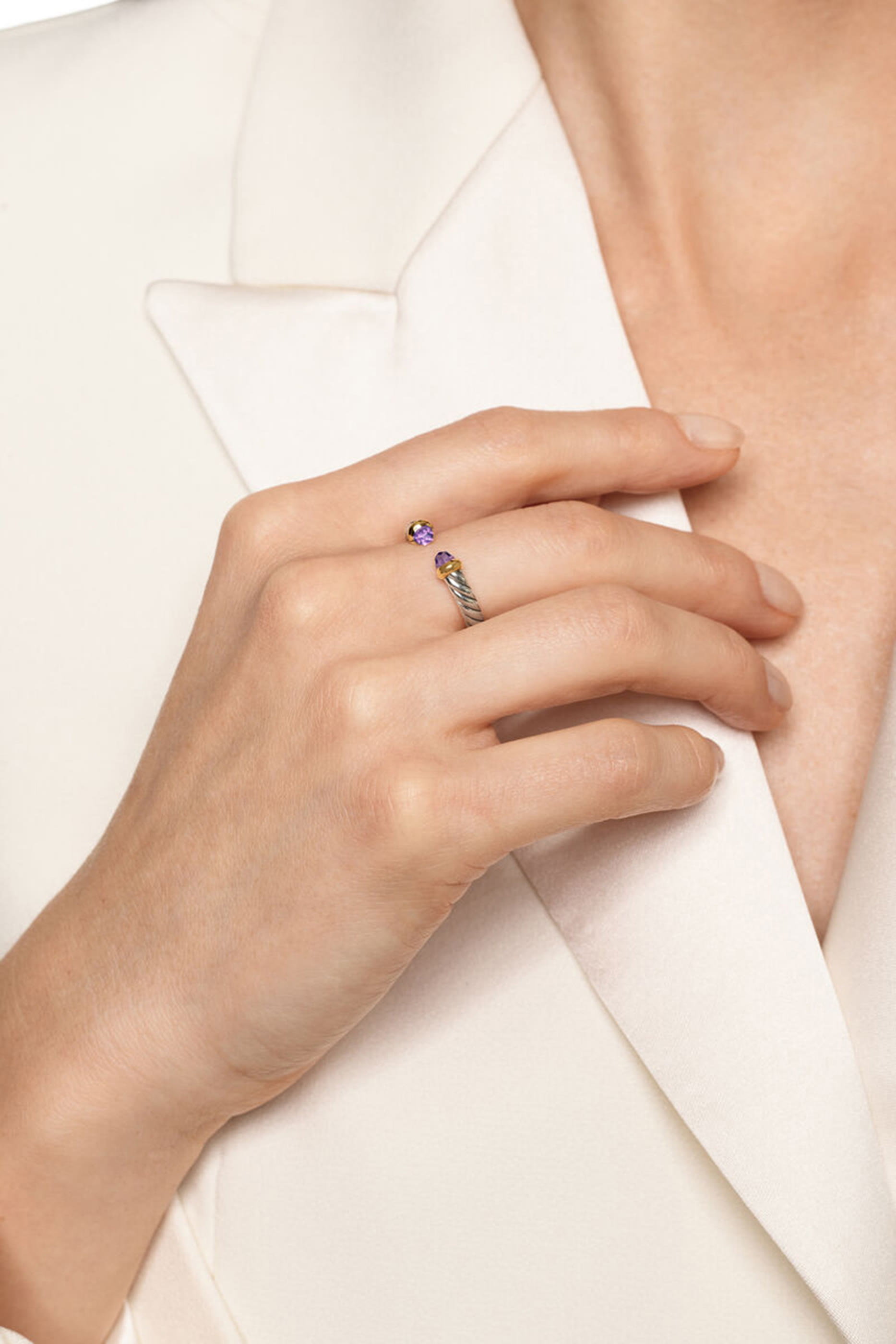 Petite Cable Open Ring, Sterling Silver, 14k Yellow Gold & Amethyst