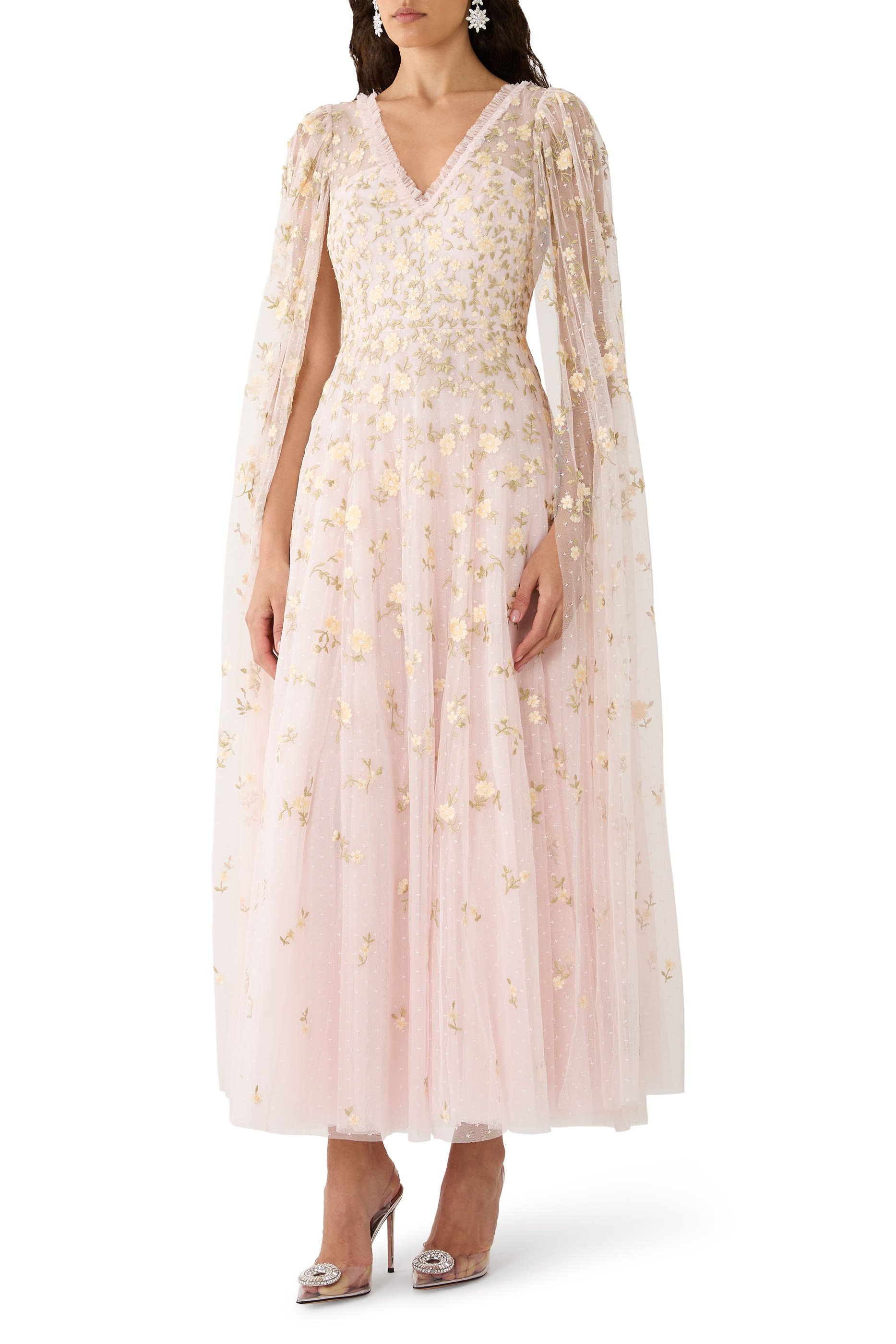 Lea Ditsy Cape Sleeve Ankle Gown