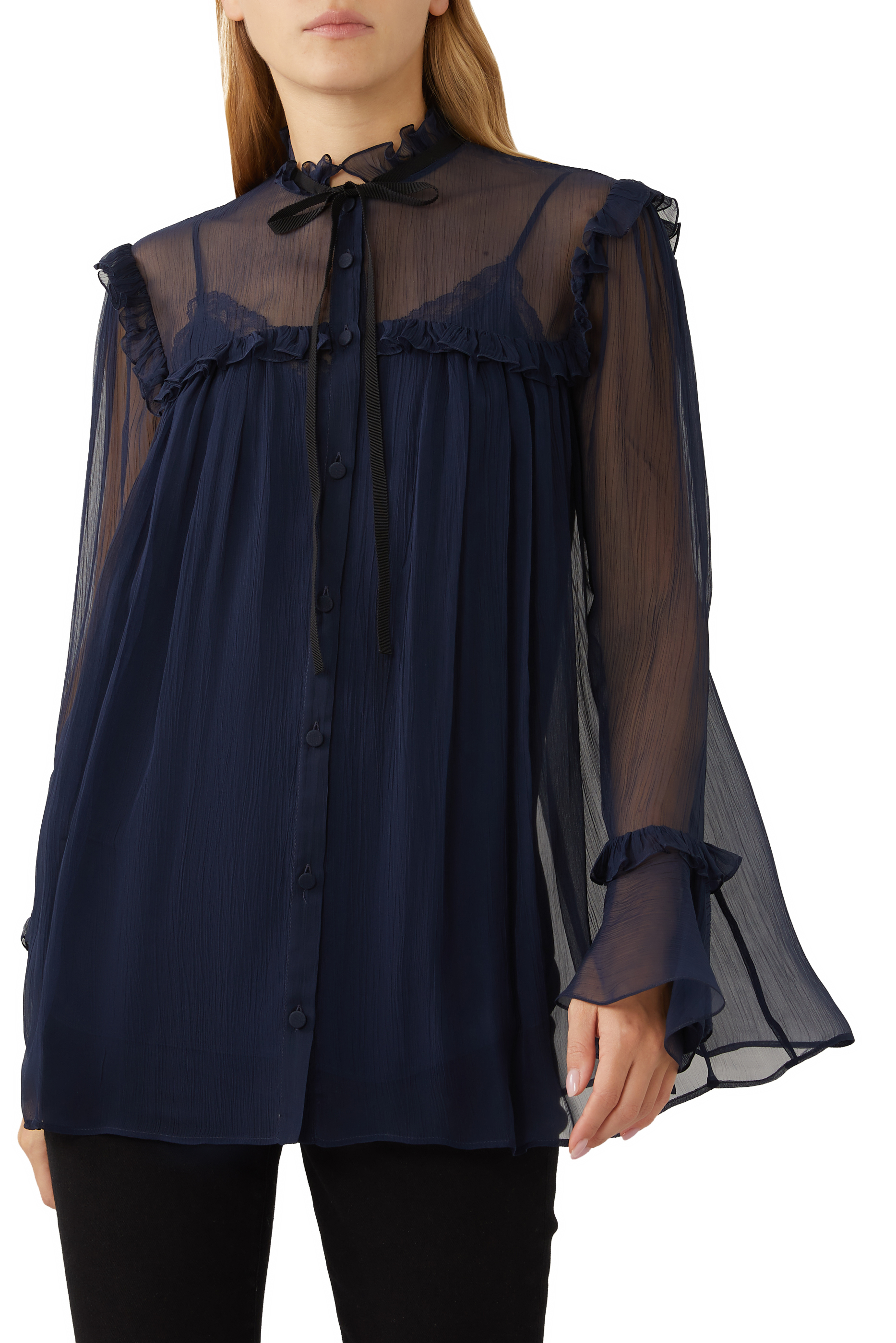 Silk Chiffon Ruffle Shirt