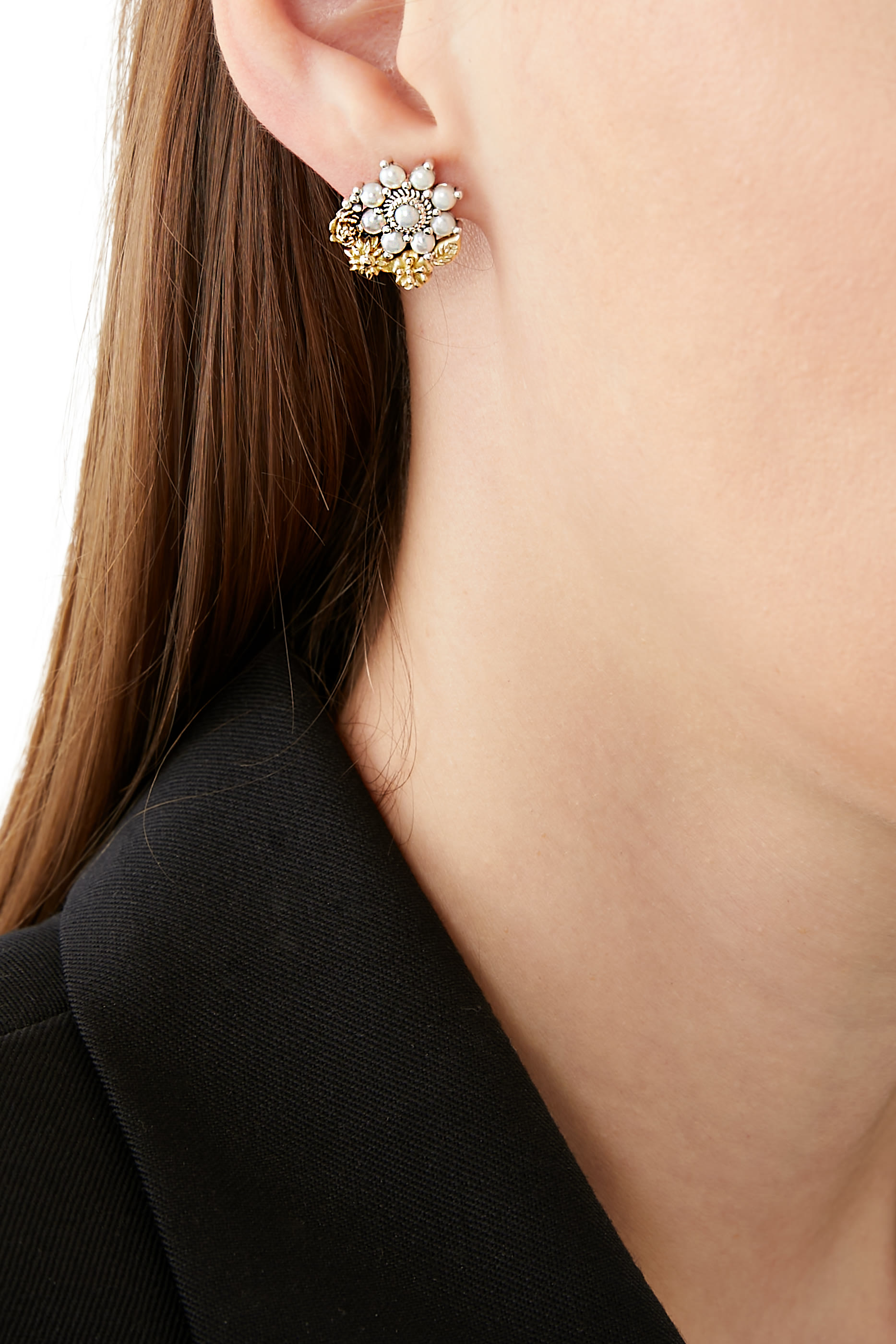 Mismatched Floral Earrings, Sterling Silver, 18K Yellow Gold & Pearl