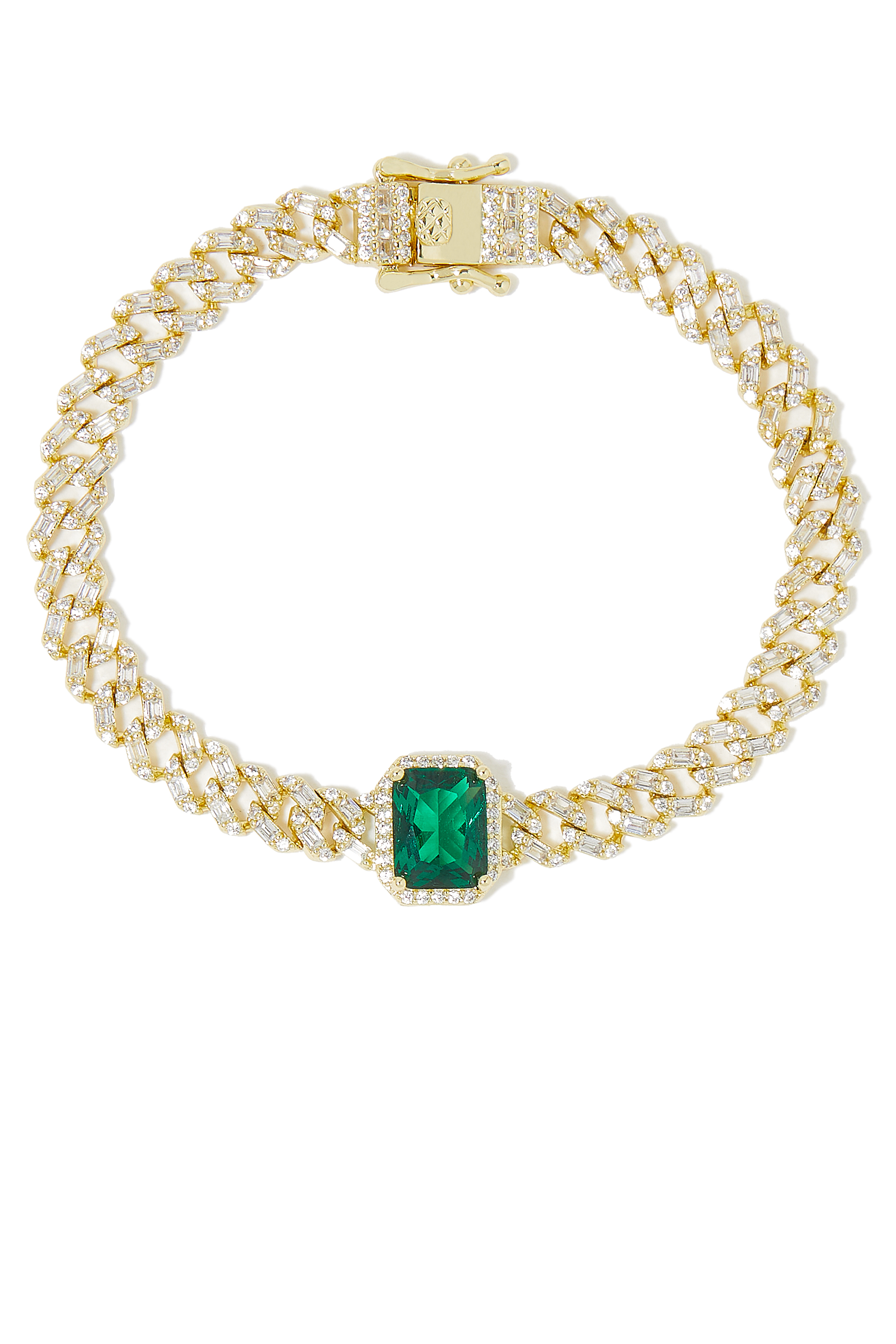 Pave Curb Chain Bracelet, Gold-Plated Brass, Emerald & Cubic Zirconia
