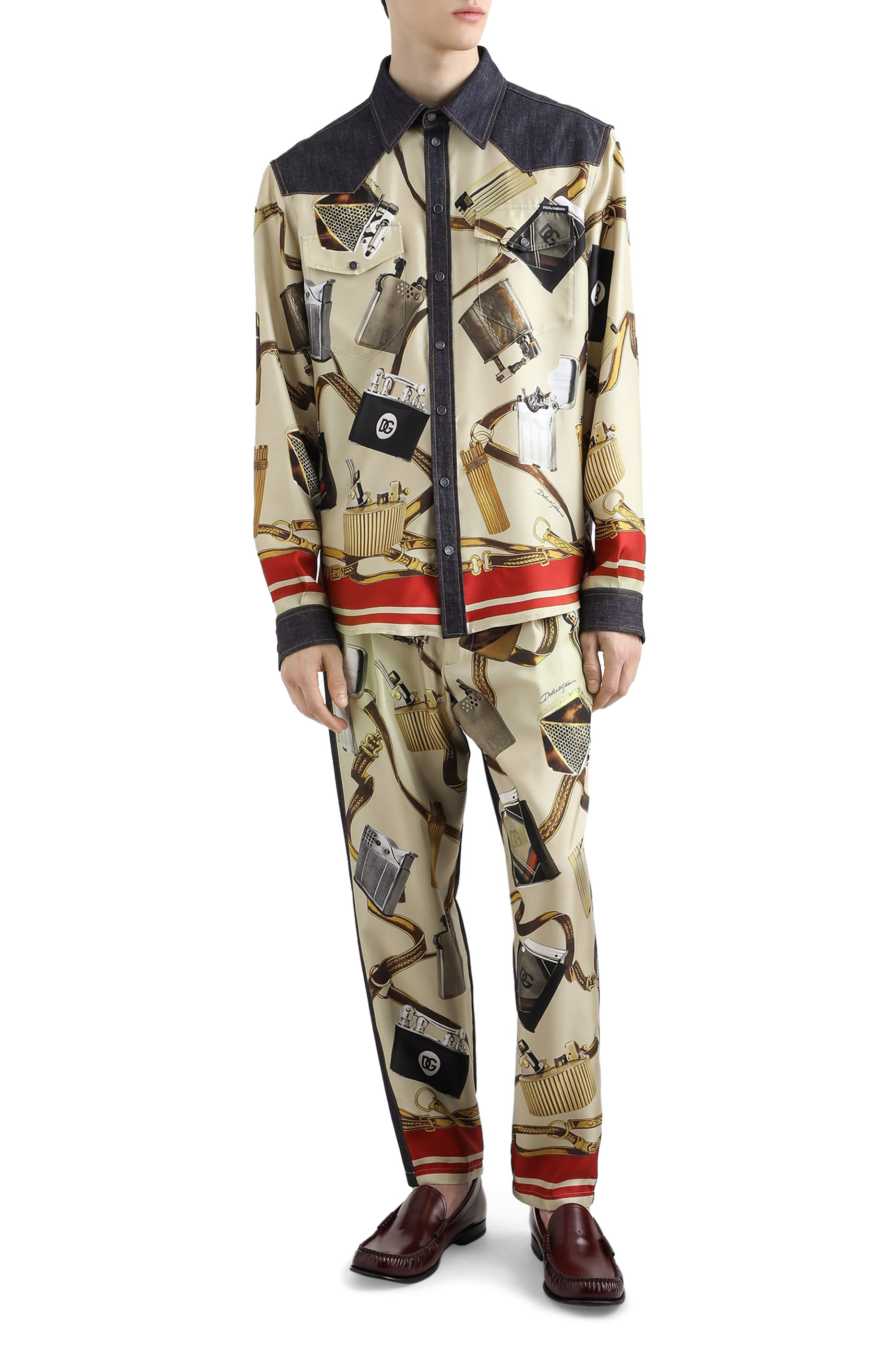 Loose Denim and Silk Jeans with Lighter Print