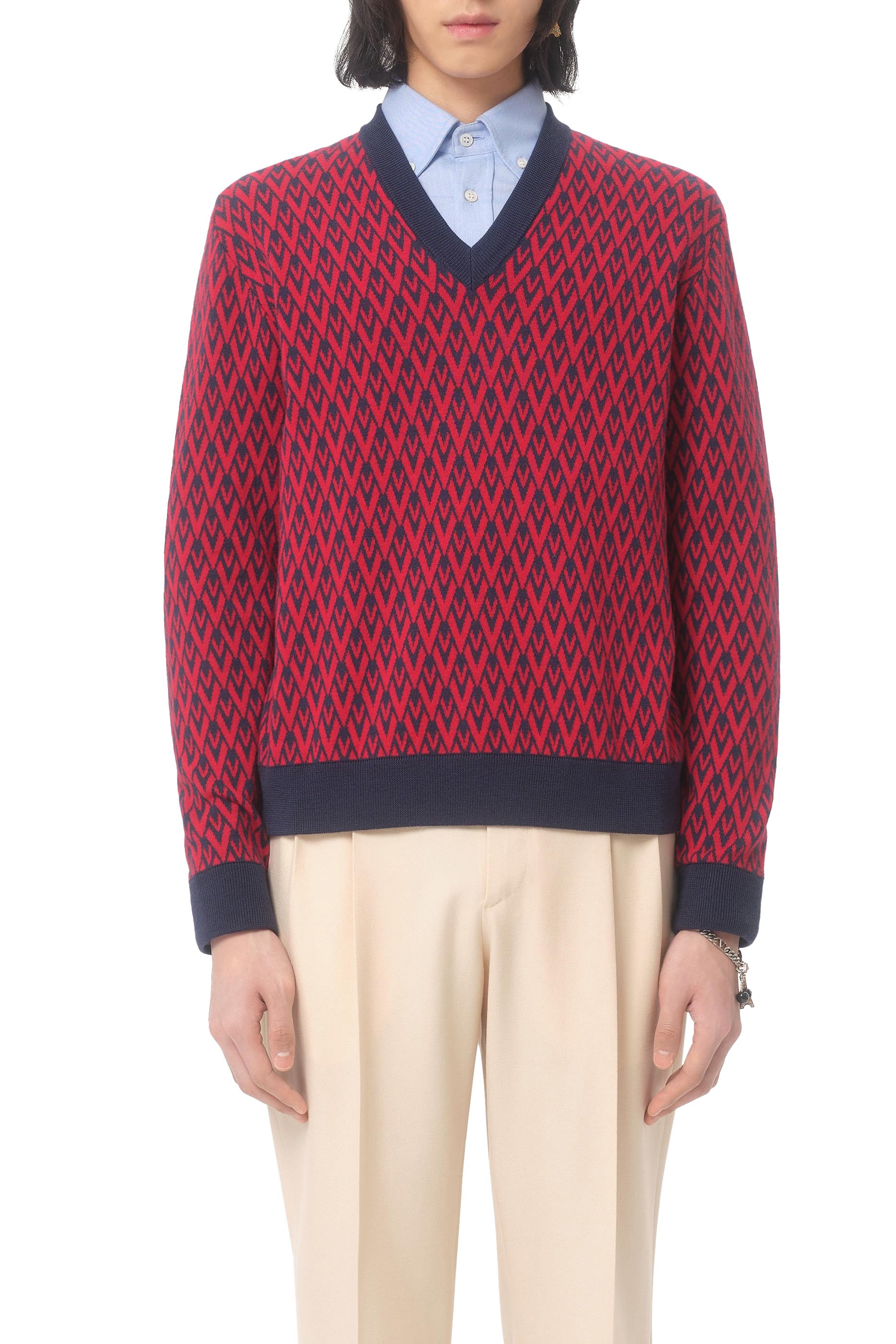 Wool Sweater with Toute la V Jacquard Pattern 