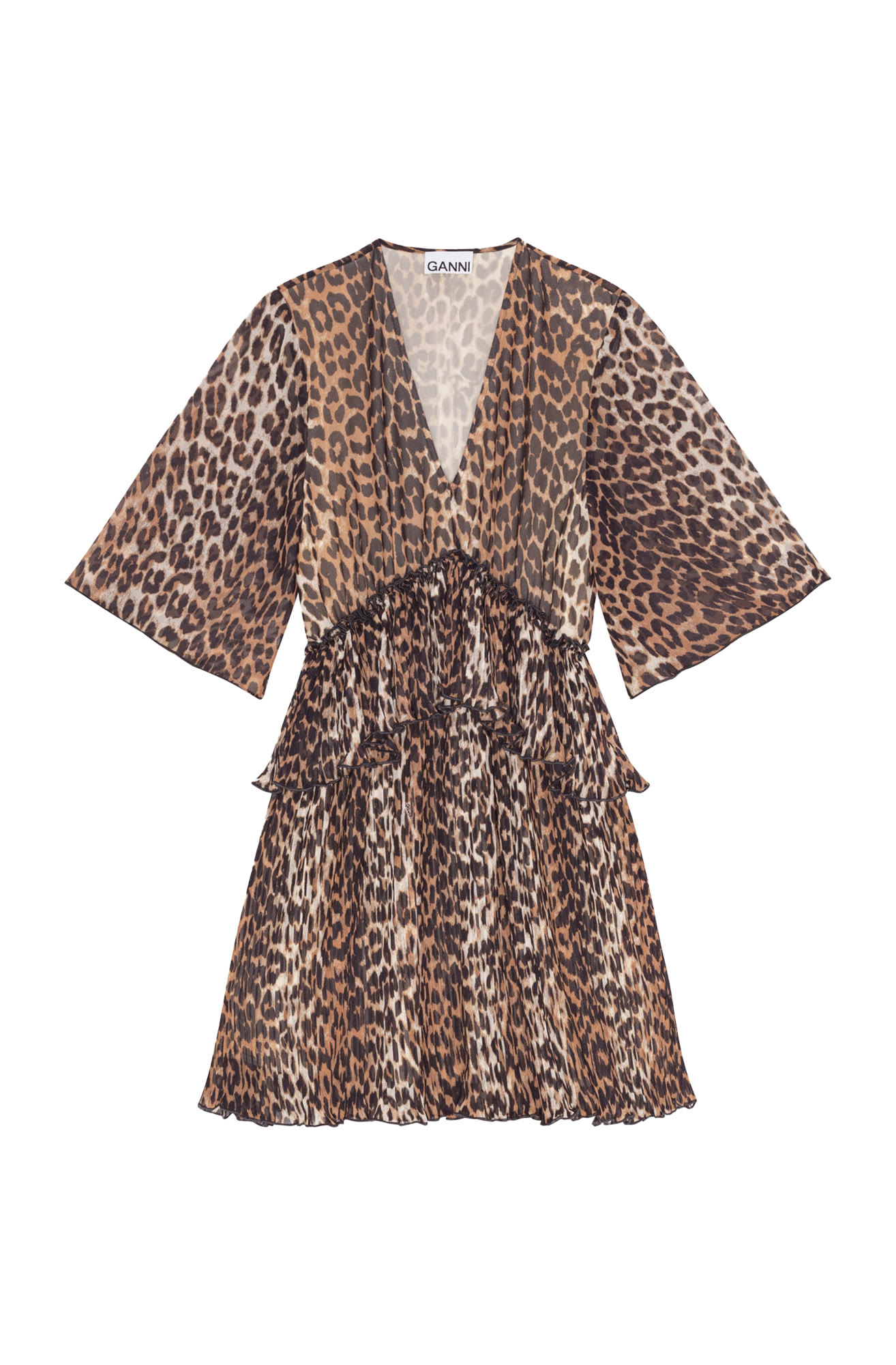 Georgette Pleated Flounce V-Neck Mini Dress