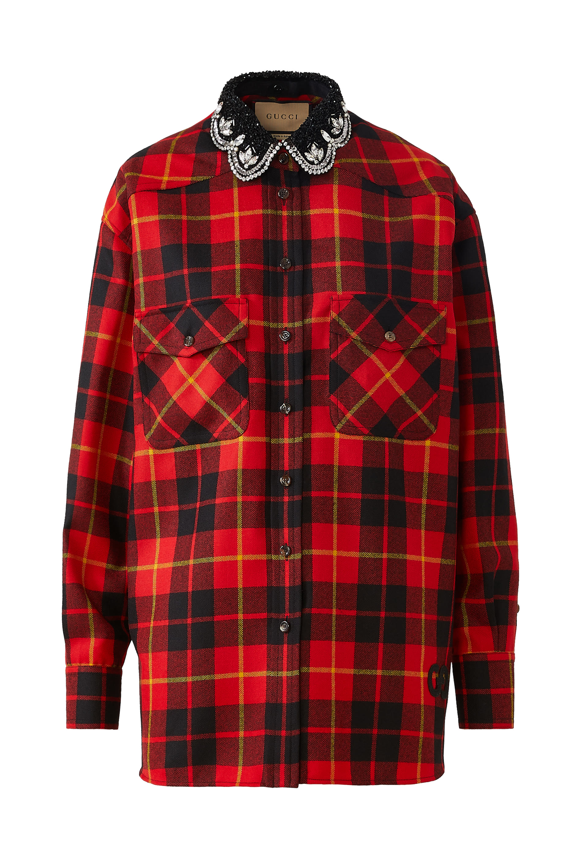 Tartan Wool Shirt with Embroidered Collar