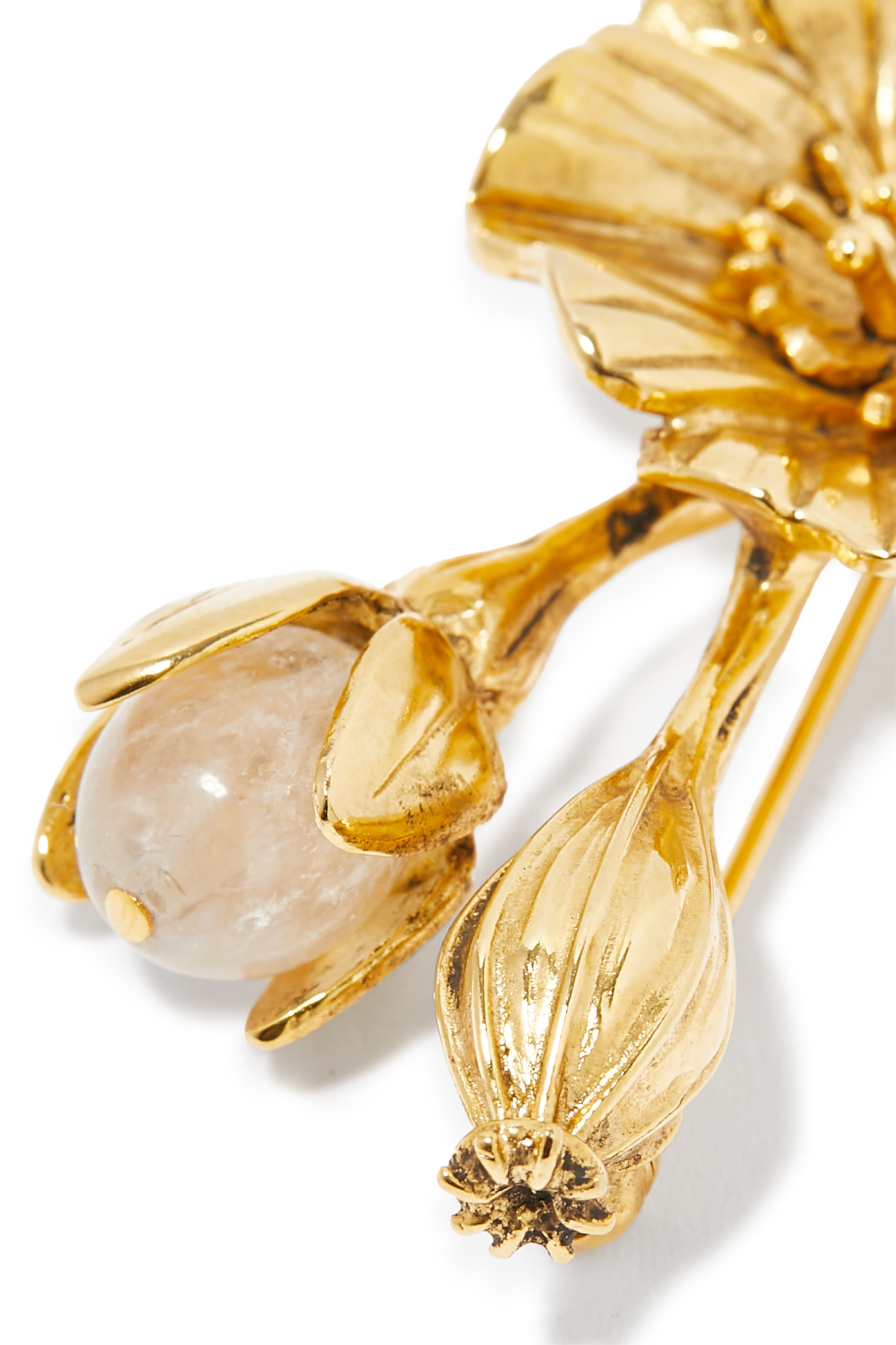 Fleur de Pavot Bouquet Brooch,  24K Gold-Plated Brass & Natural Rock Crystal