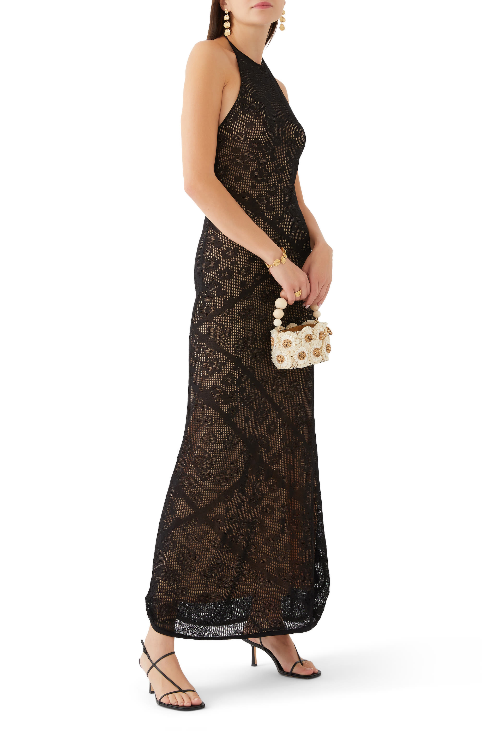 Lace Halterneck Stretch-Knit Midi Dress