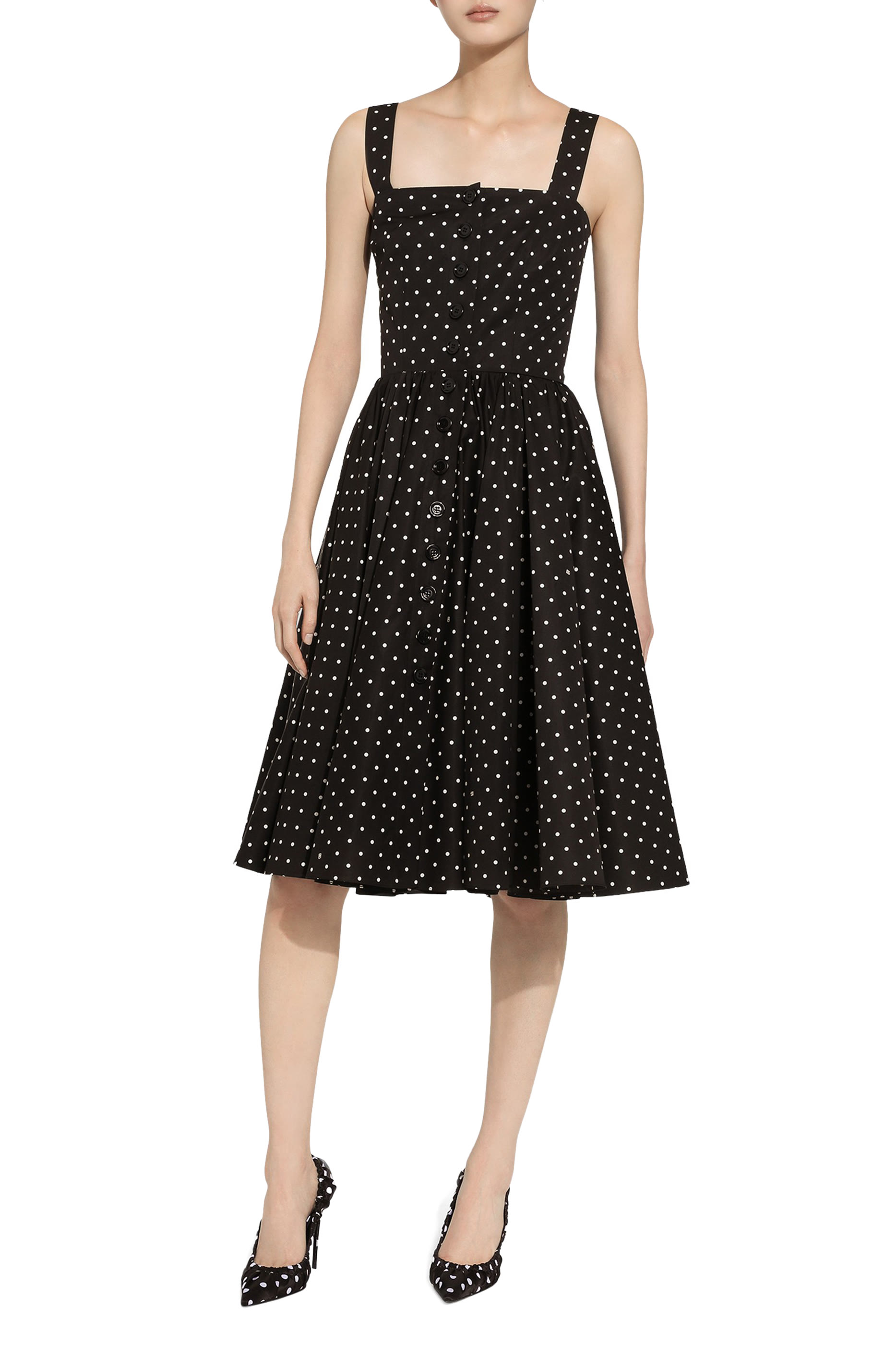 Calf-Length Cotton Dress with Polka-Dot Print