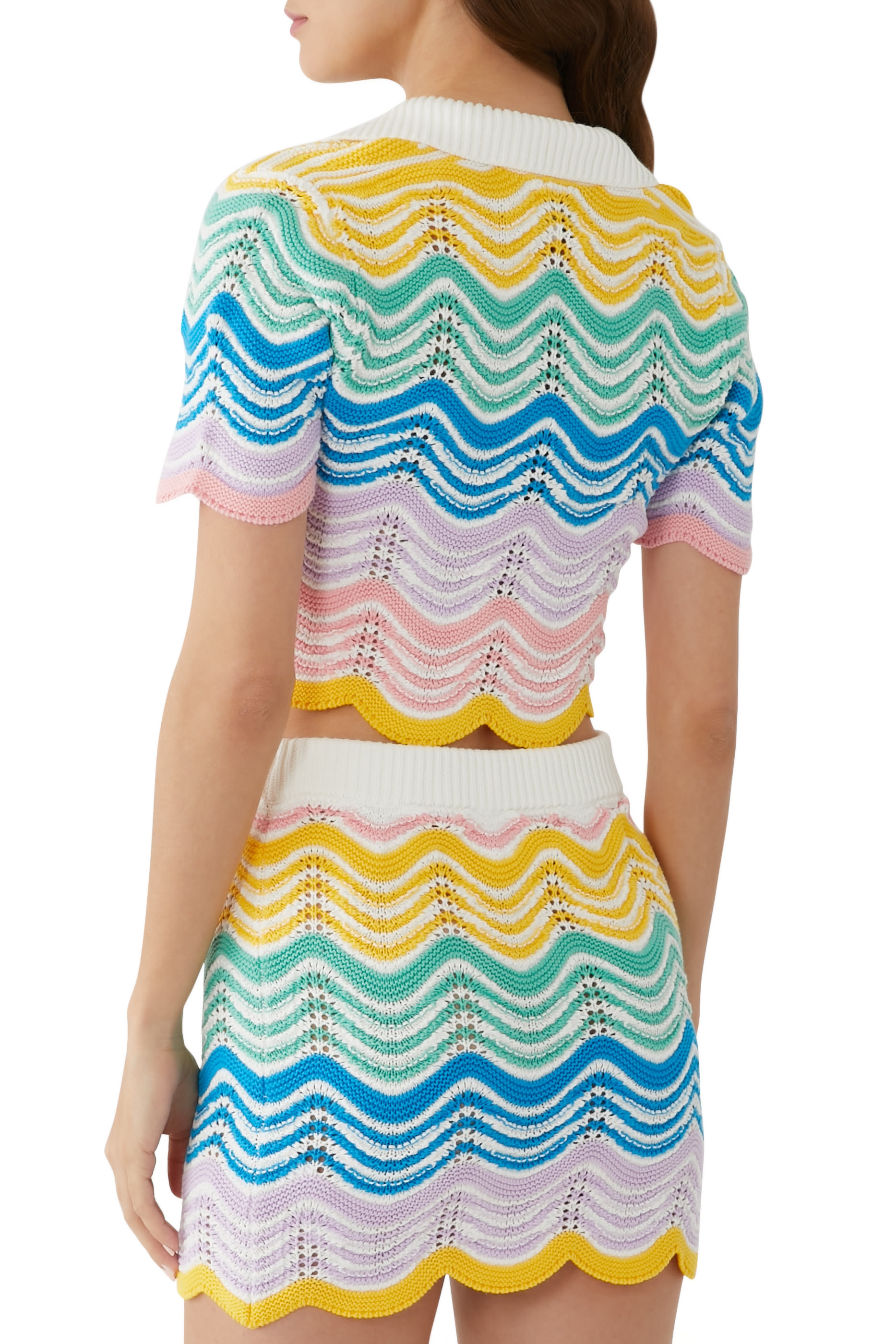 Wave Crochet Short-Sleeve Crop Polo Top